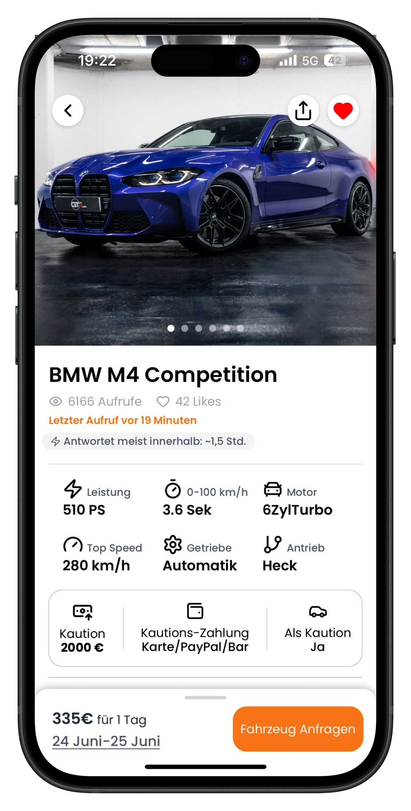 Inserat eines blauen BMW M4 Competition mit technischen Daten und orangefarbenem Button Fahrzeug Anfragen unten