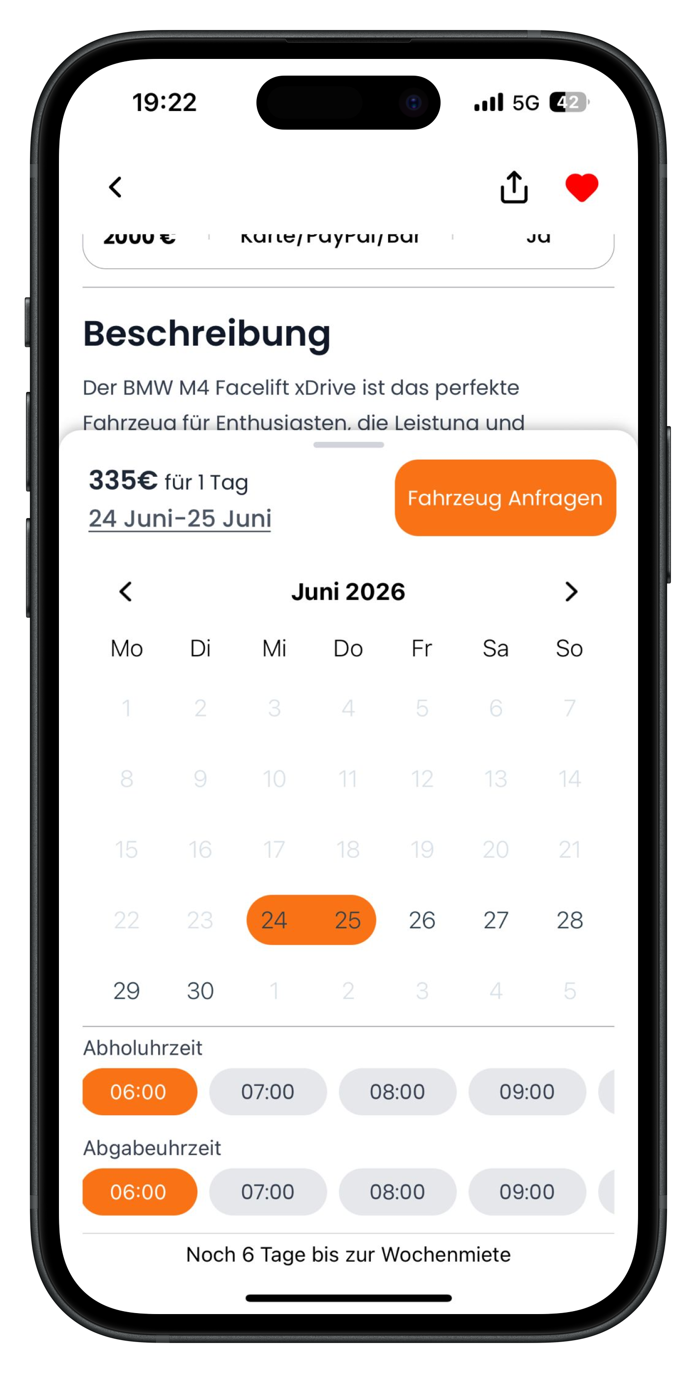 Kalender für Juni 2026 mit orange markierten Tagen 24 und 25 sowie Auswahl der Abhol- und Abgabeuhrzeit