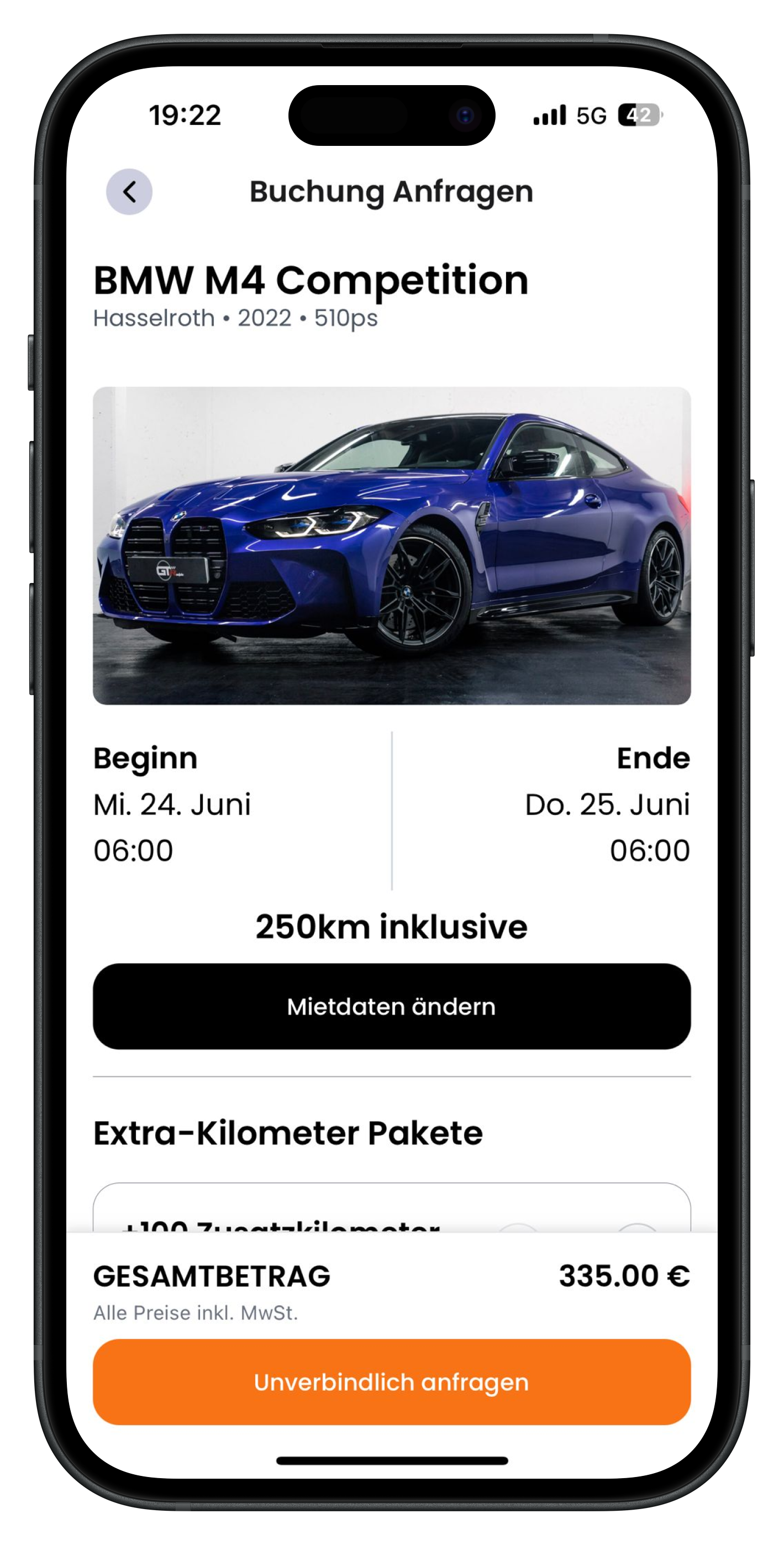Buchungsanfrage-Screen mit Fahrzeugbild, Mietbeginn und Ende, 250 km inklusive und schwarzem Button Mietdaten ändern