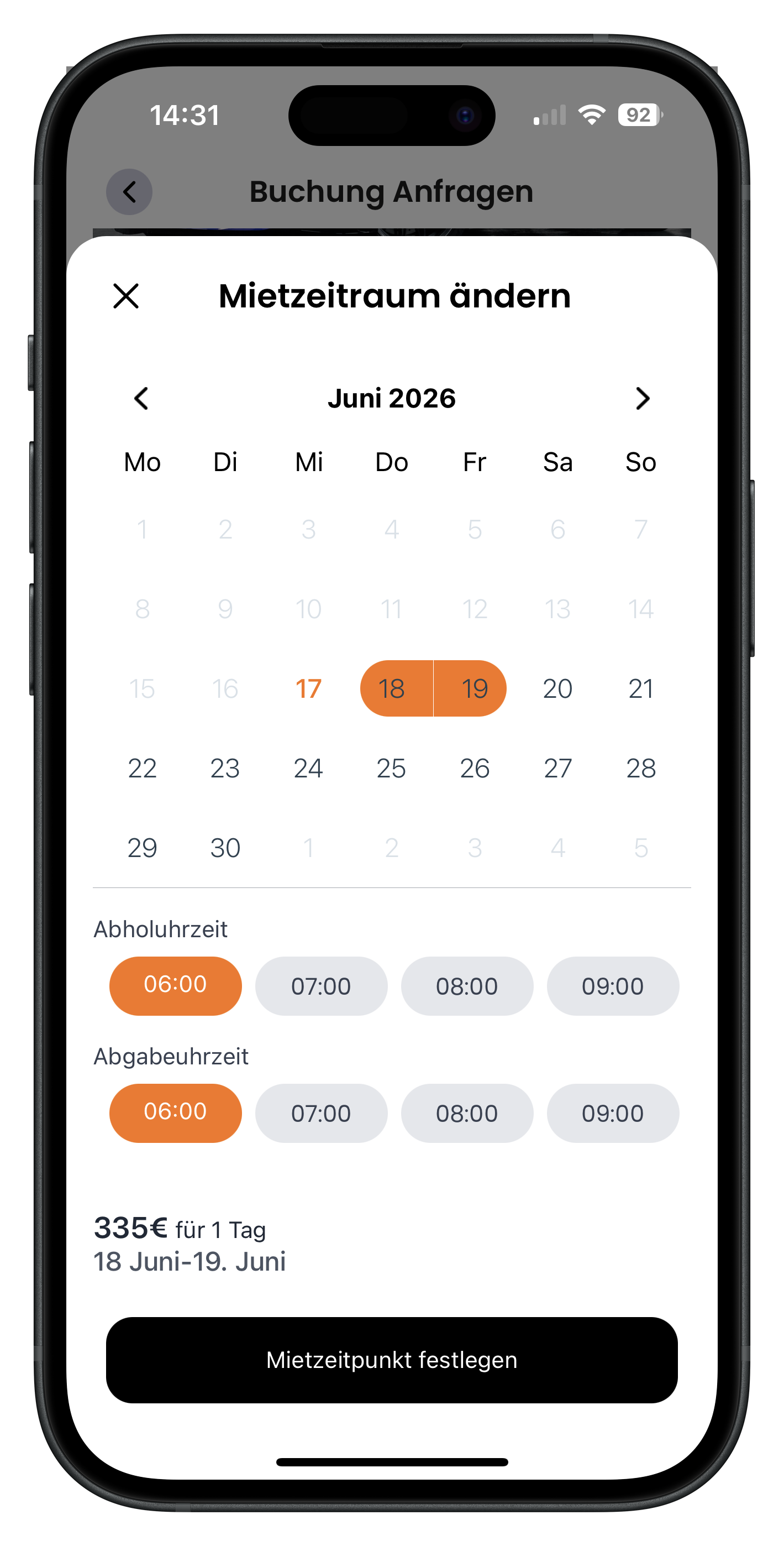 Modal Mietzeitraum ändern mit Kalender, Auswahl der Uhrzeiten und schwarzem Button Mietzeitpunkt festlegen
