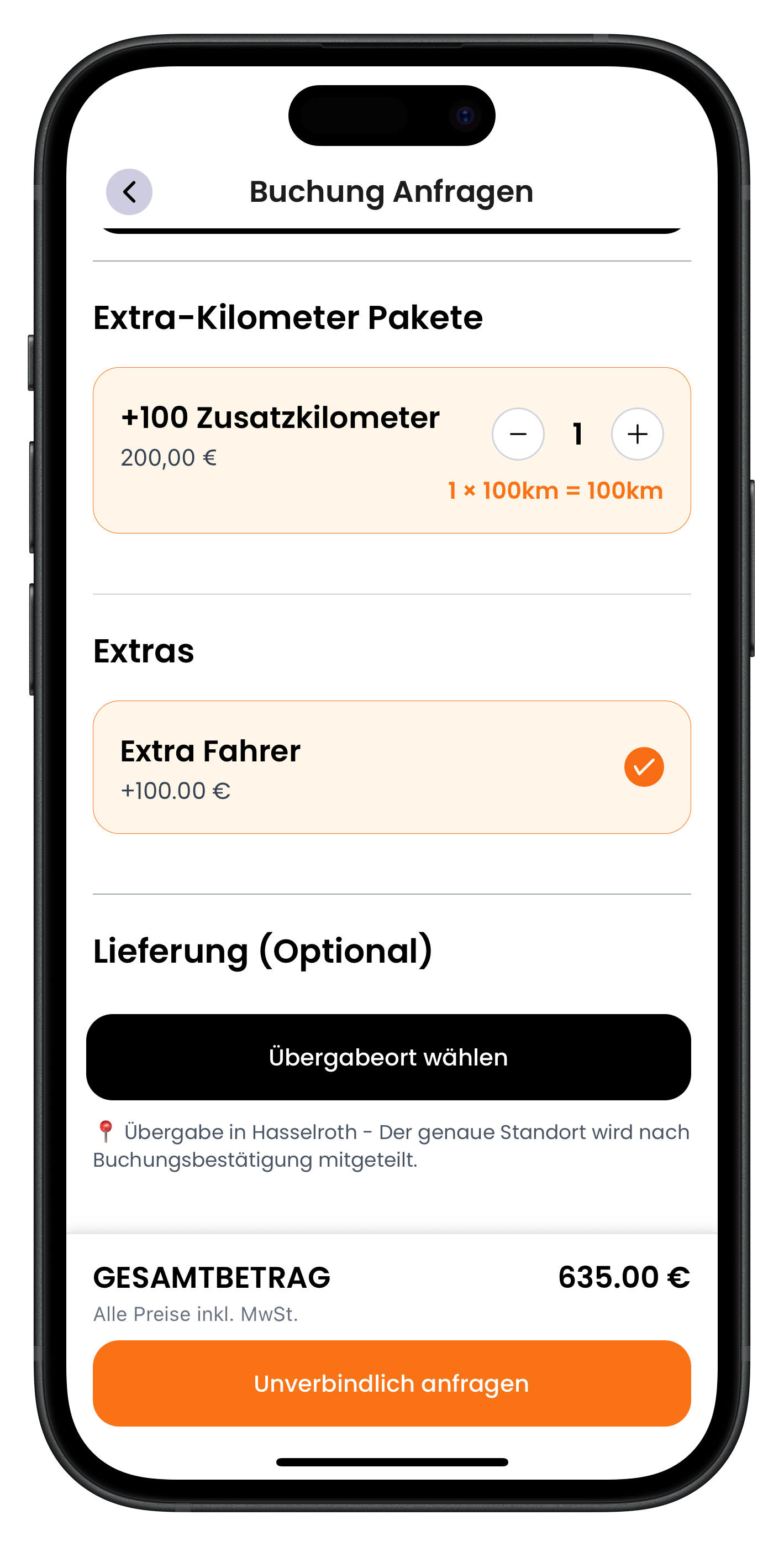 Auswahl von Extra-Kilometer Paketen und dem Extra Fahrer mit orangem Haken sowie schwarzem Button Übergabeort wählen