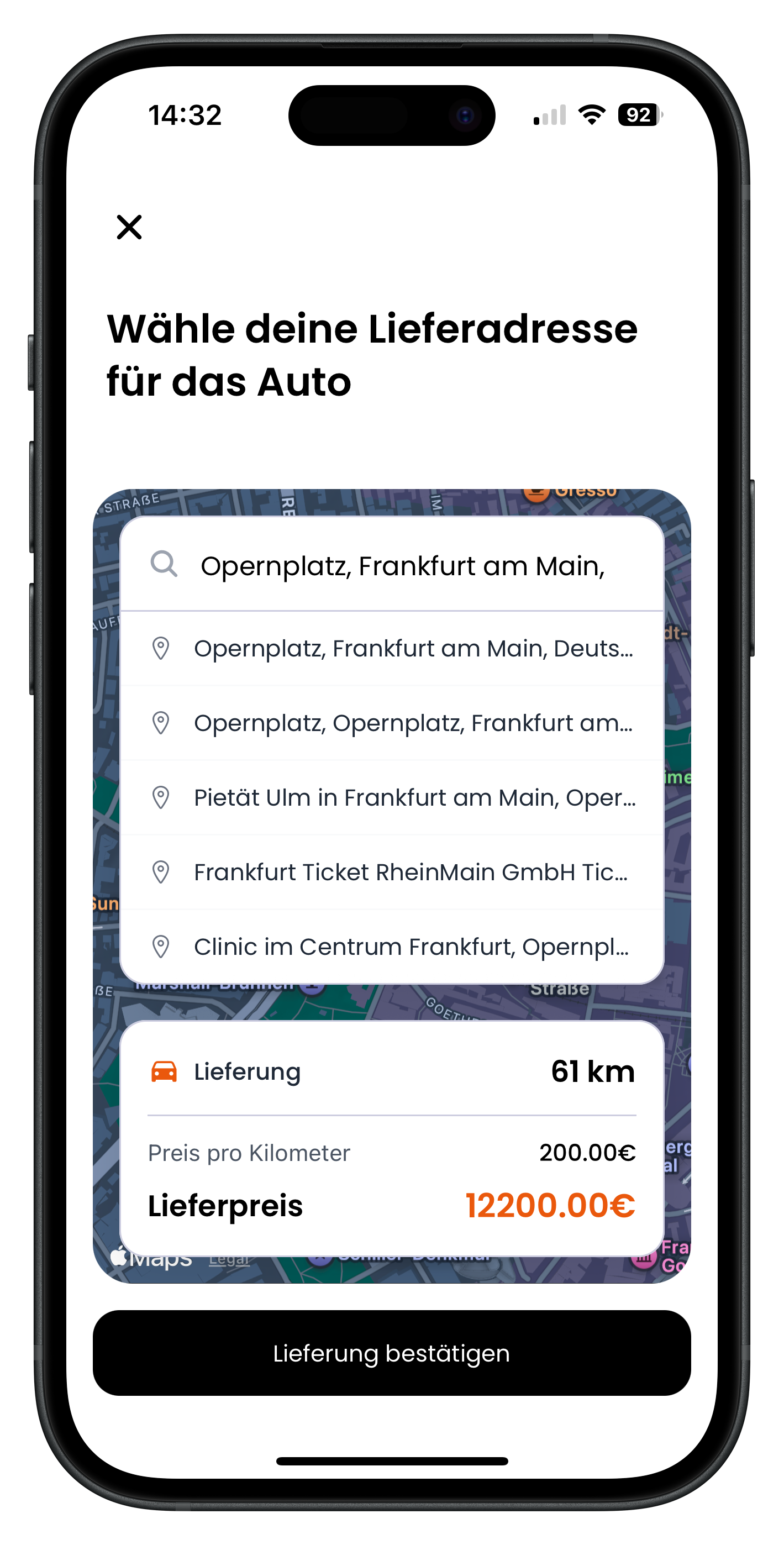 Lieferadressen-Auswahl mit Kartenausschnitt, Adresssuche und Anzeige von Lieferungskilometern und Lieferpreis