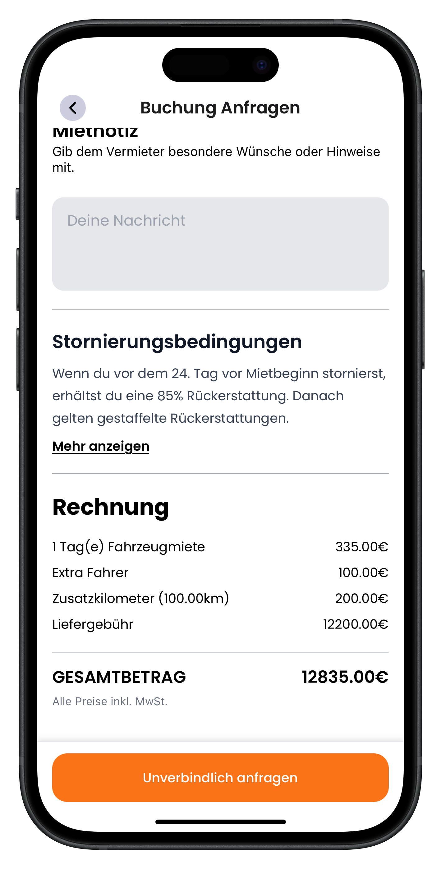 Mietnotiz-Feld, Stornierungsbedingungen und vollständige Rechnung mit Gesamtbetrag und orangefarbenem Button Unverbindlich anfragen