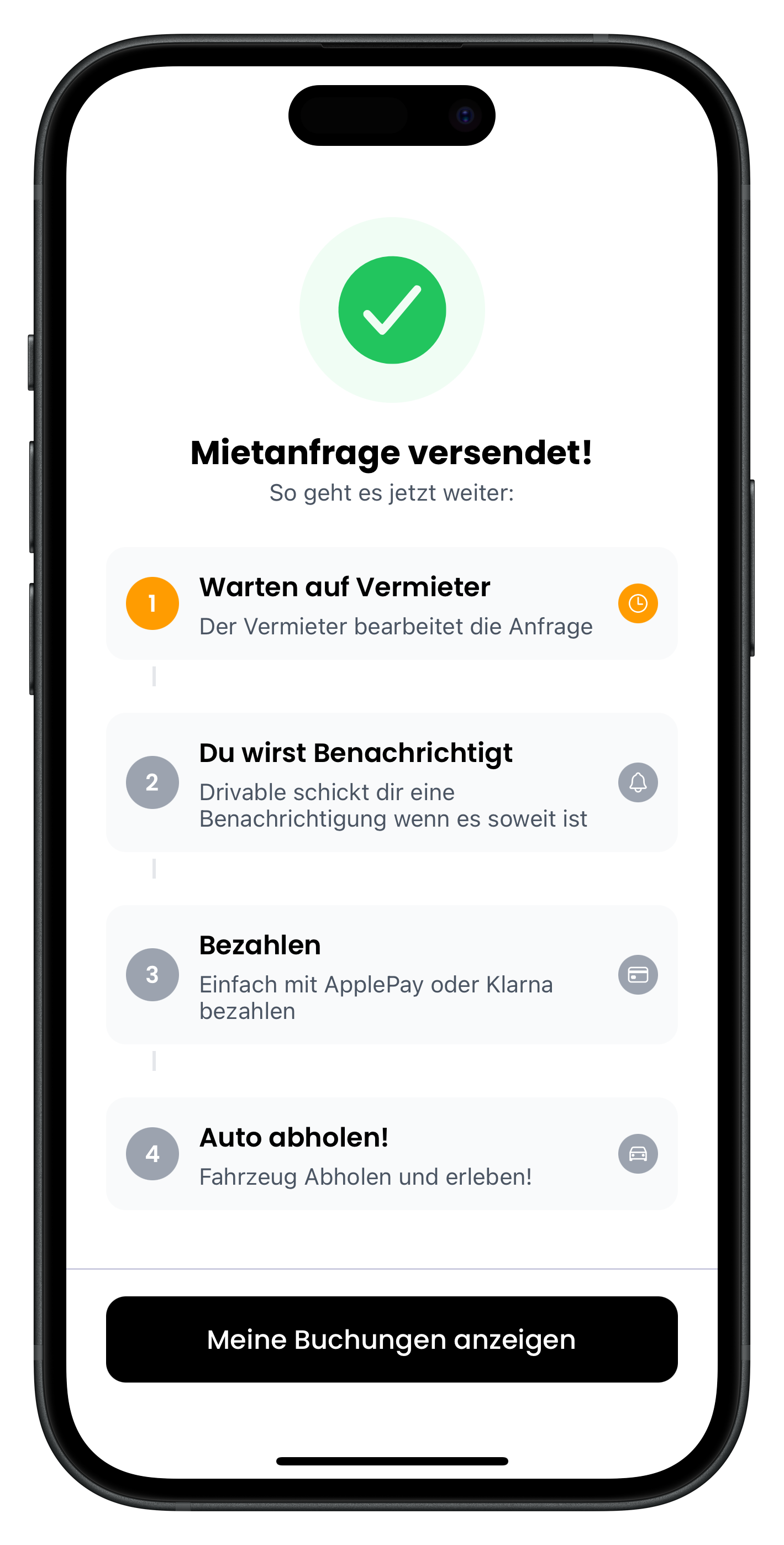Bestätigungsscreen mit grünem Haken Mietanfrage versendet und vier Schritten Warten, Benachrichtigung, Bezahlen, Auto abholen