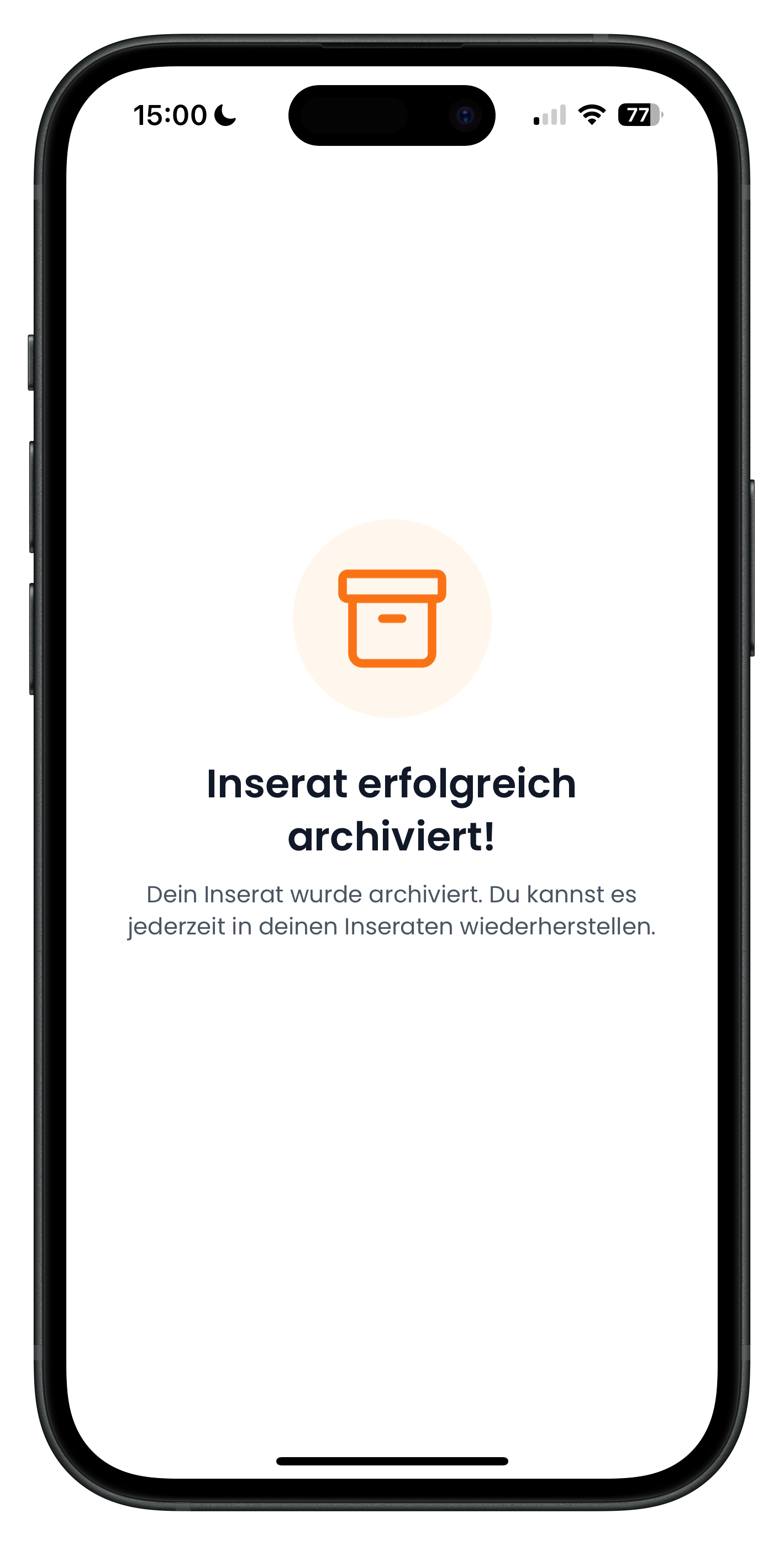 Erfolgsbildschirm mit orangefarbenem Archiv-Icon und Text Inserat erfolgreich archiviert