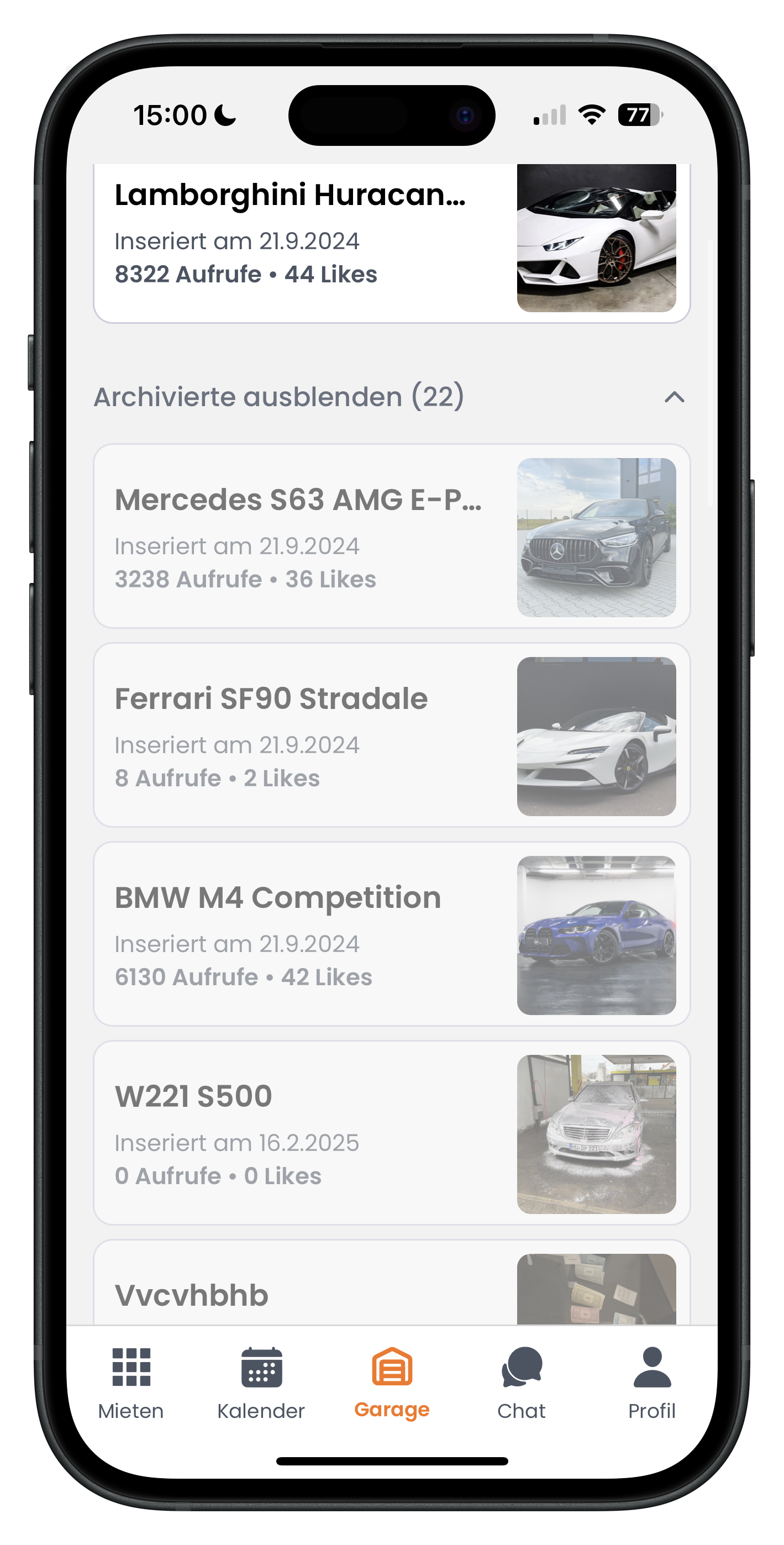 Garage-Übersicht mit der Zeile Archivierte ausblenden und mehreren ausgegrauten archivierten Inseraten