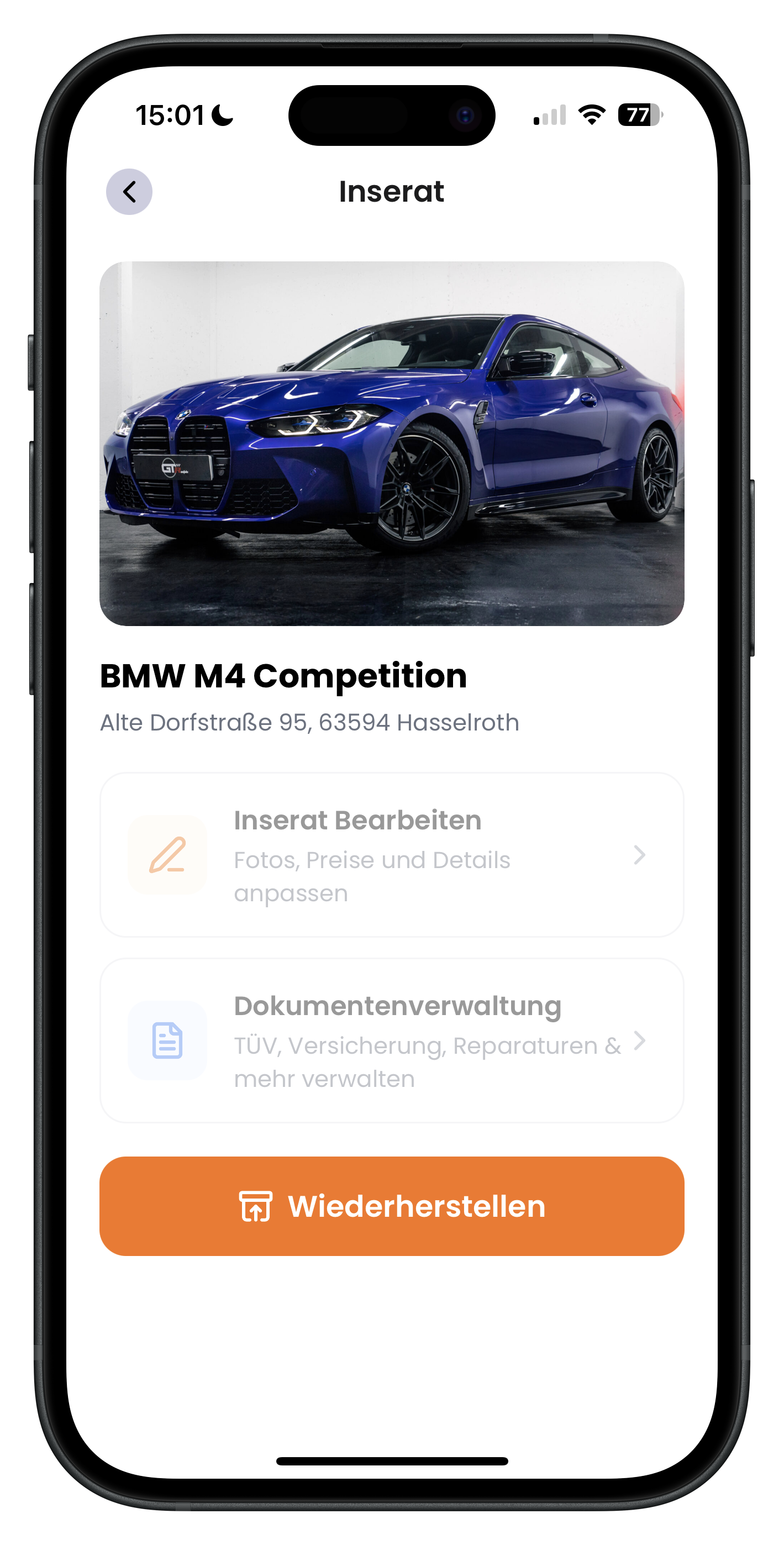 Inserat-Detailbildschirm eines archivierten BMW M4 Competition mit orangefarbenem Wiederherstellen-Button