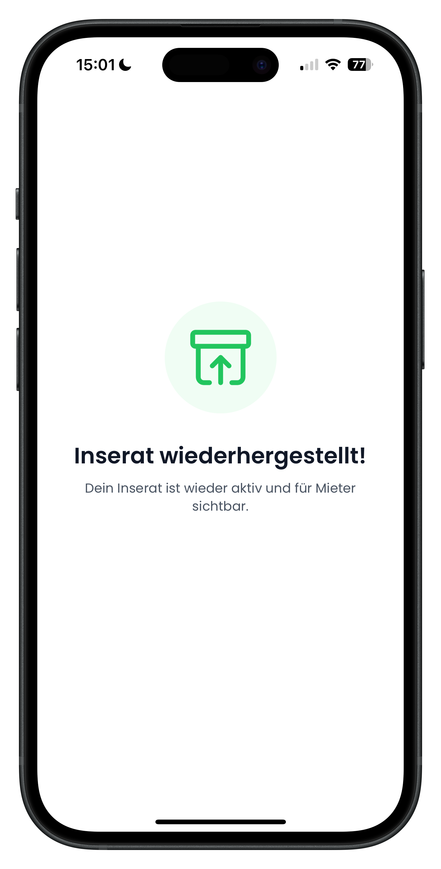 Erfolgsbildschirm mit grünem Icon und Text Inserat wiederhergestellt, dein Inserat ist wieder aktiv und für Mieter sichtbar
