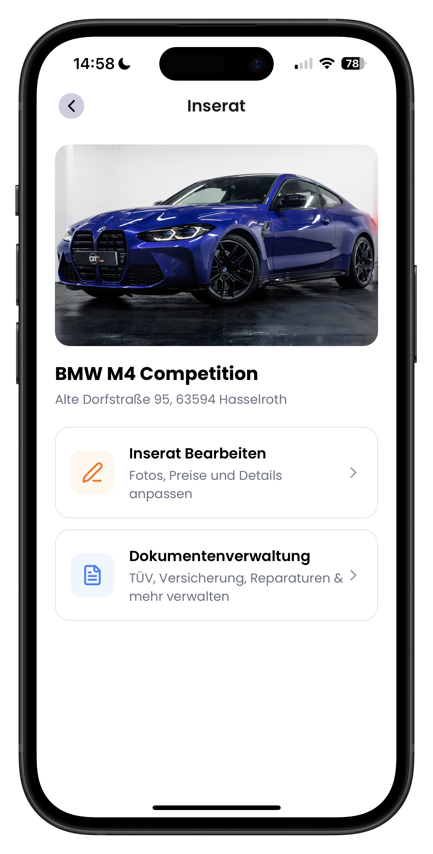 Inserat-Detailansicht mit Hauptfoto eines blauen BMW M4 Competition und den Kacheln Inserat Bearbeiten sowie Dokumentenverwaltung