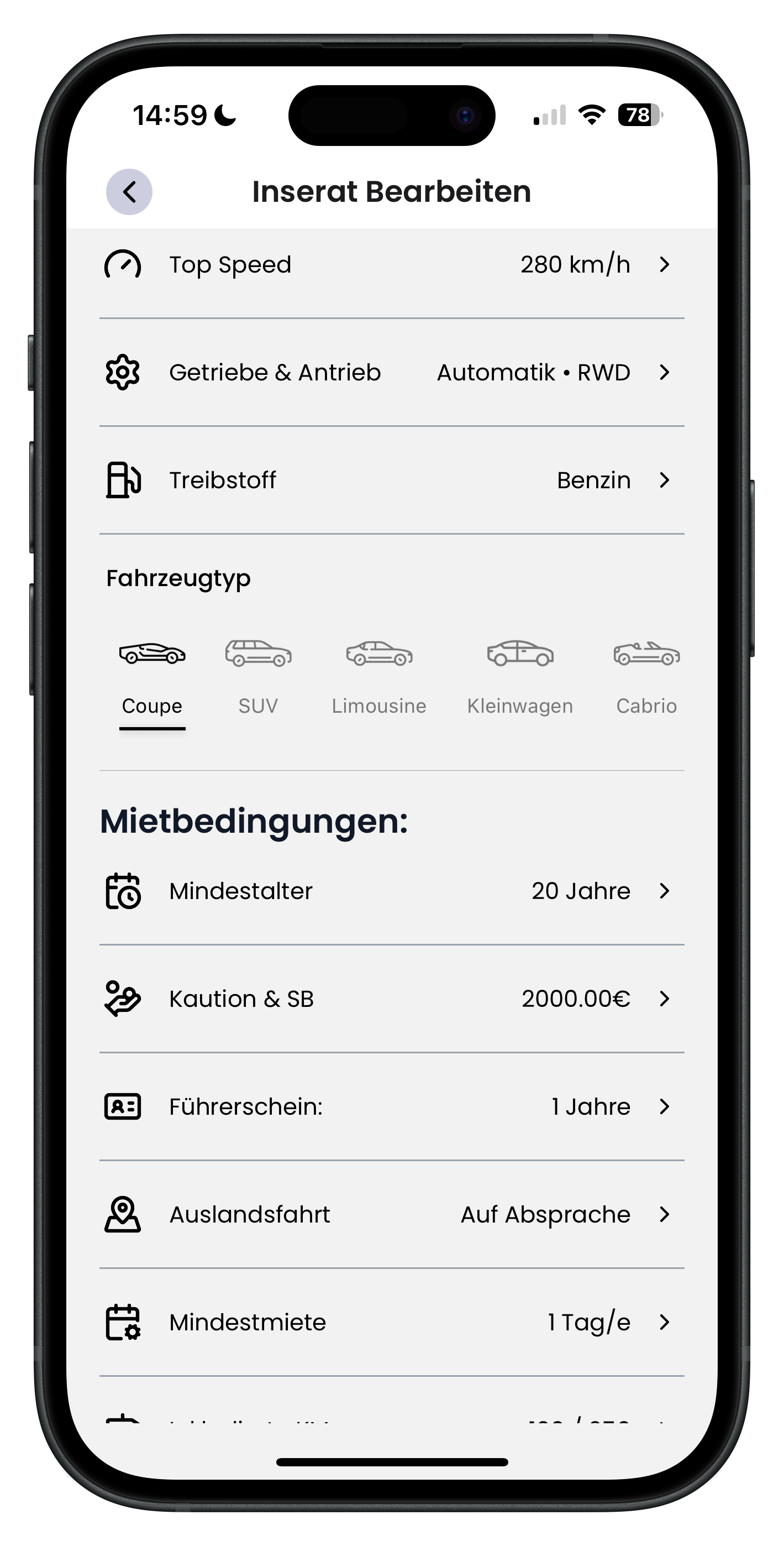 Übersicht des Bearbeiten-Screens mit der Fahrzeugtyp-Auswahl Coupe, SUV, Limousine, Kleinwagen, Cabrio und dem Beginn der Mietbedingungen