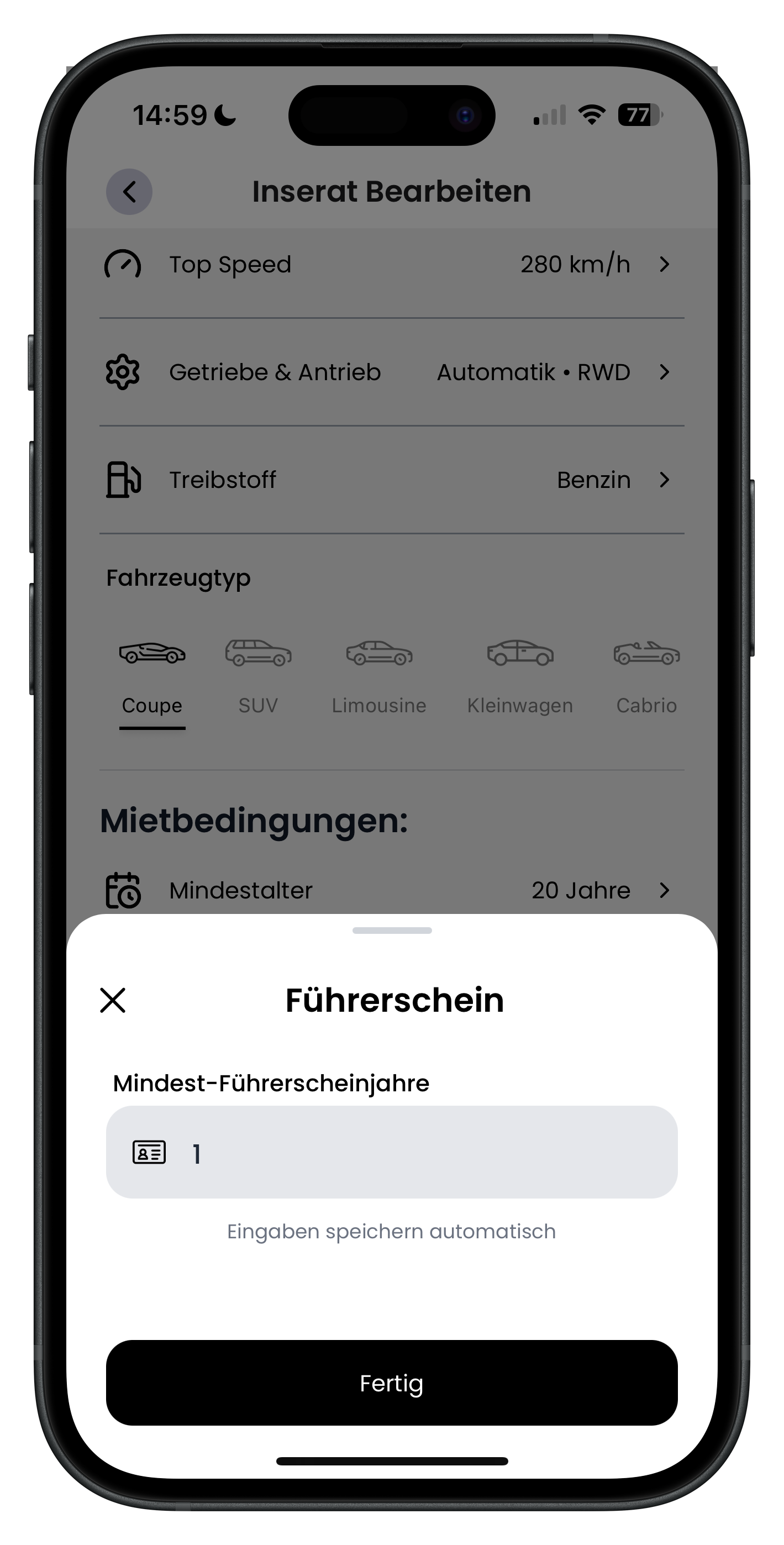 Fenster Führerschein mit dem Feld Mindest-Führerscheinjahre und dem Wert 1