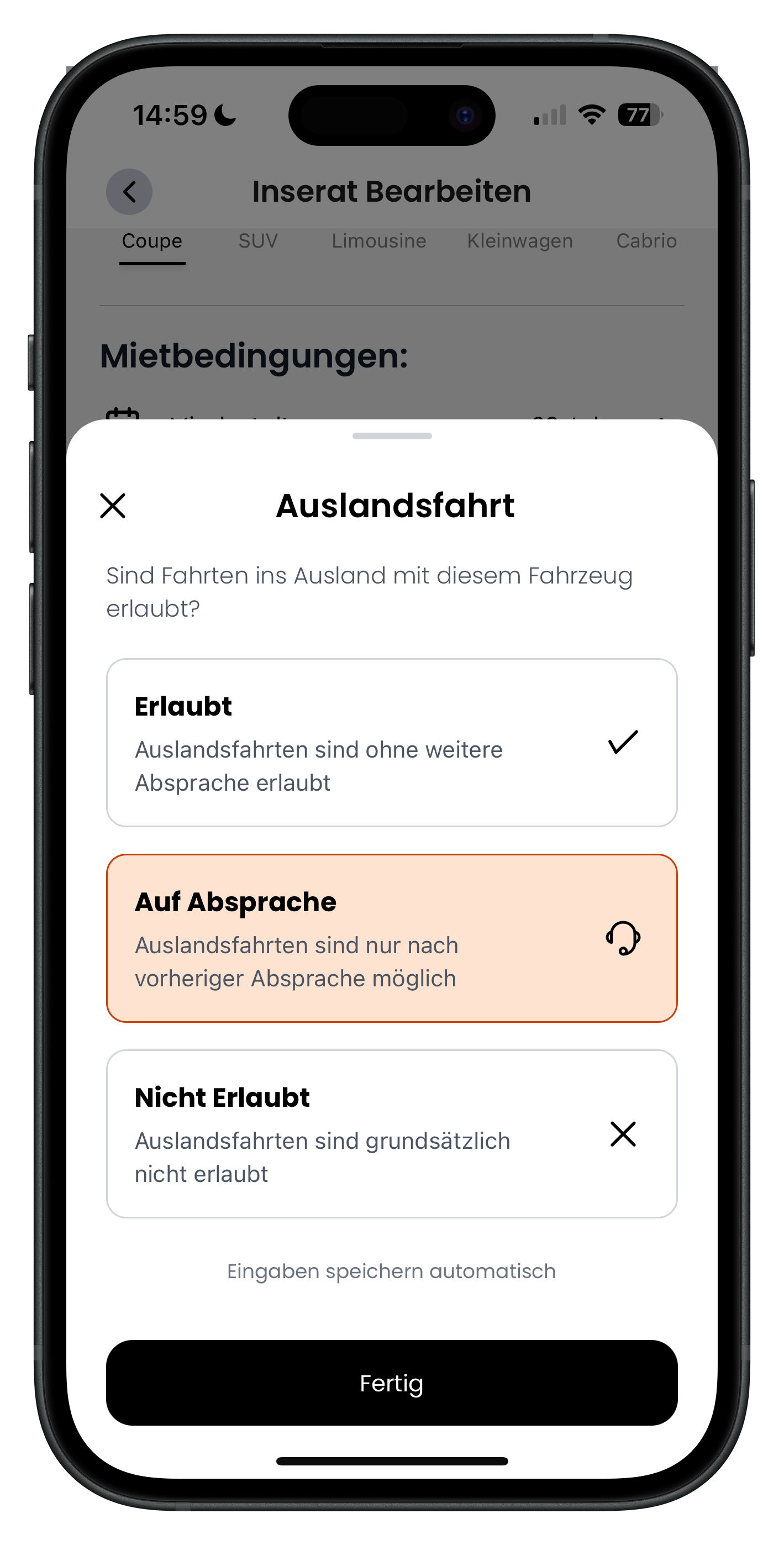 Fenster Auslandsfahrt mit den Optionen Erlaubt, Auf Absprache orange markiert und Nicht Erlaubt