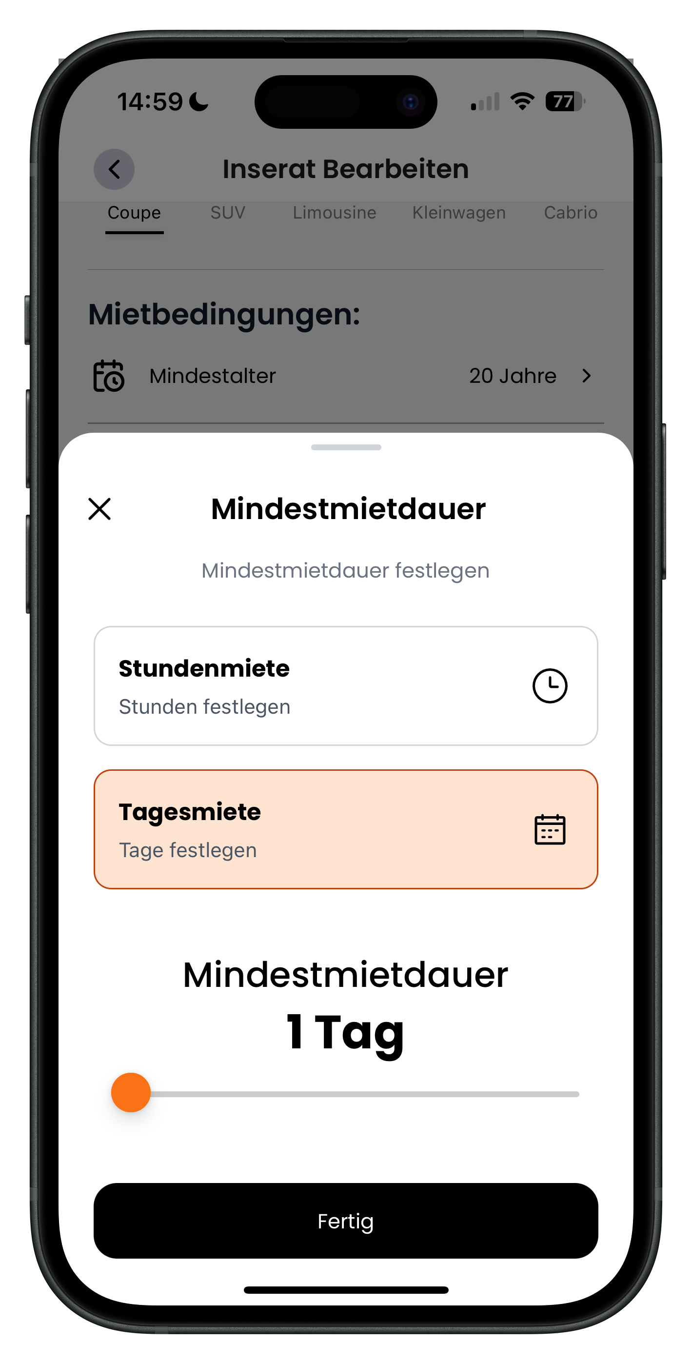 Fenster Mindestmietdauer mit den Optionen Stundenmiete und Tagesmiete orange markiert sowie Schieberegler auf 1 Tag