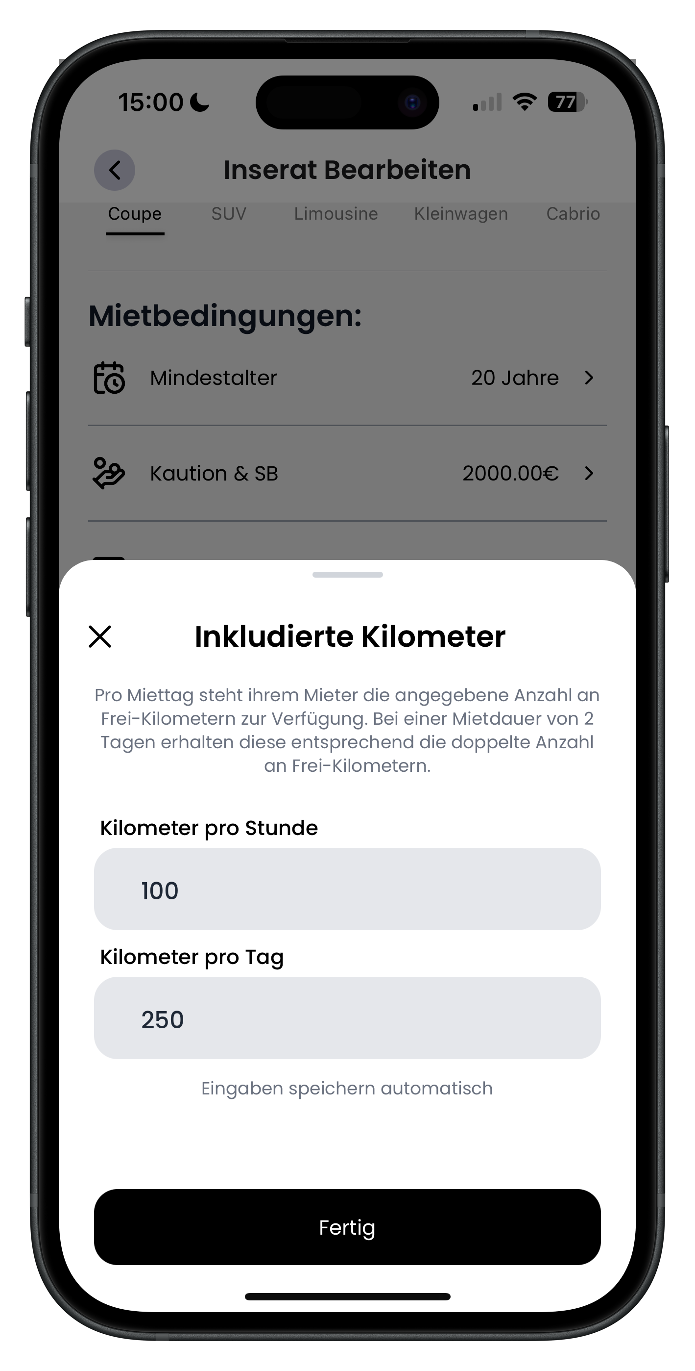Fenster Inkludierte Kilometer mit den Feldern Kilometer pro Stunde 100 und Kilometer pro Tag 250