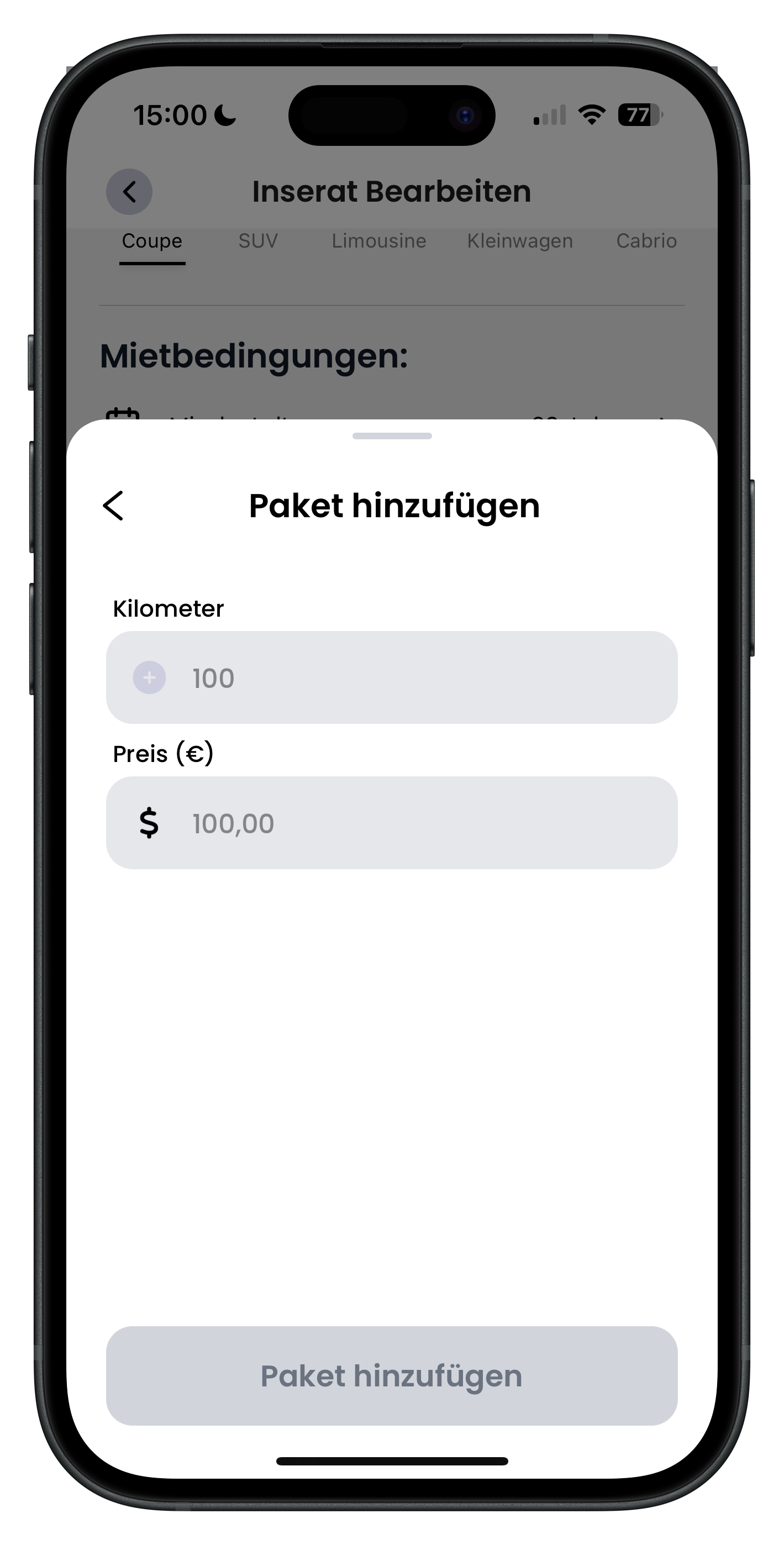 Fenster Paket hinzufügen mit den Feldern Kilometer 100 und Preis 100,00 sowie dem Button Paket hinzufügen