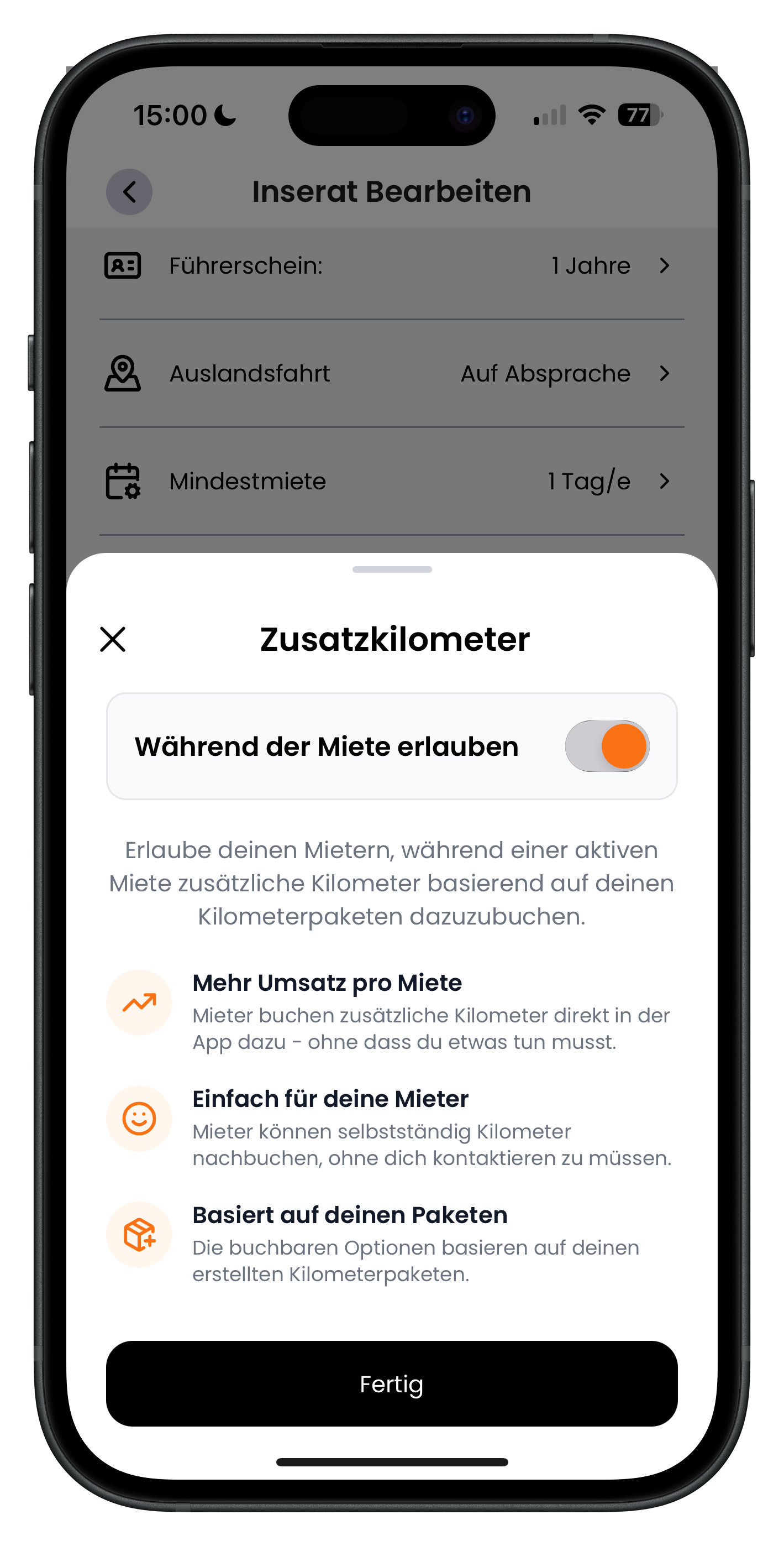 Fenster Zusatzkilometer mit aktiviertem Schalter Während der Miete erlauben und den drei Vorteilen Mehr Umsatz, Einfach für Mieter, Basiert auf Paketen