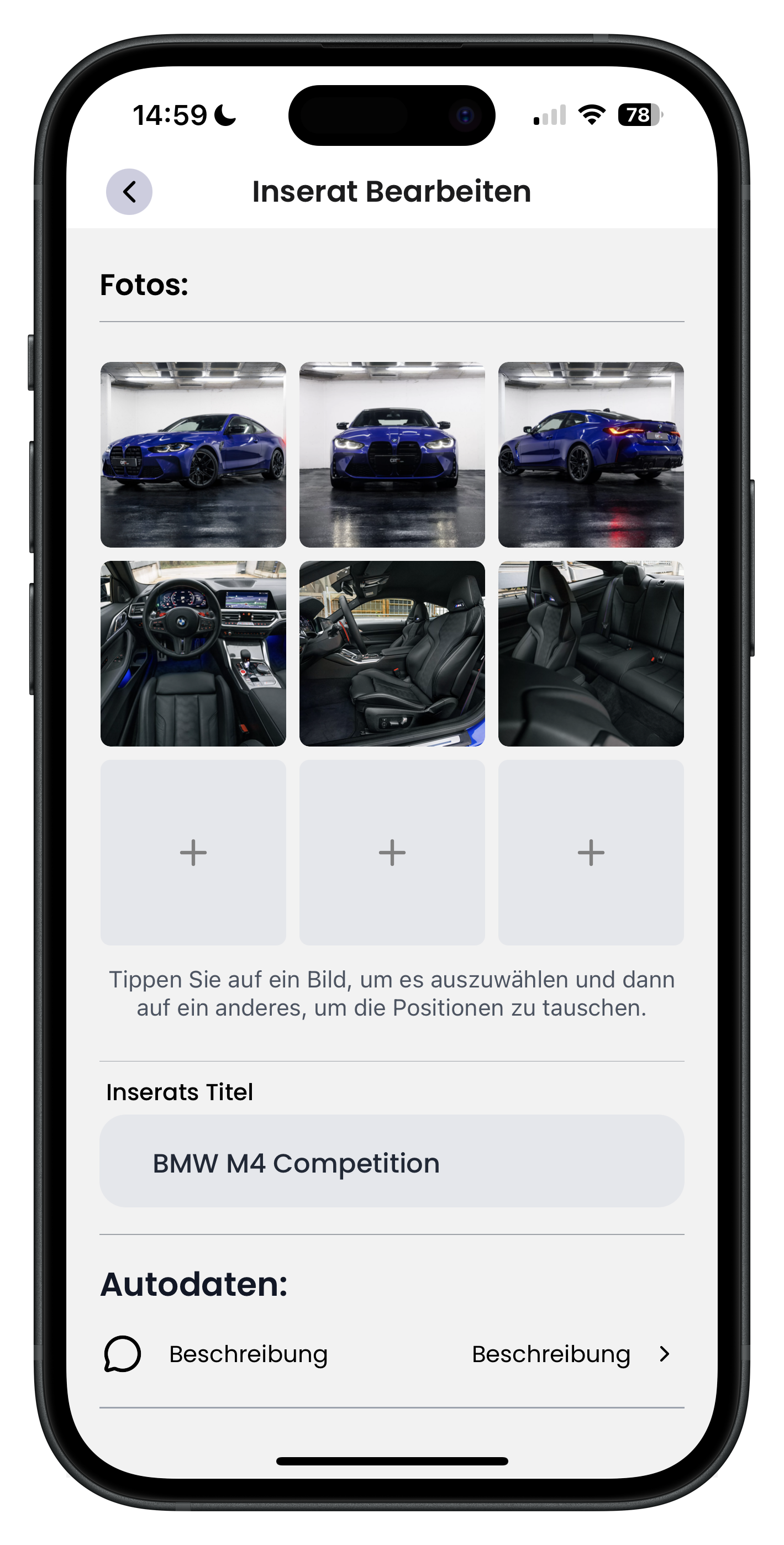 Bearbeiten-Screen mit Foto-Raster, Plus-Feldern zum Hochladen, Inserats-Titel BMW M4 Competition und dem Beginn der Autodaten