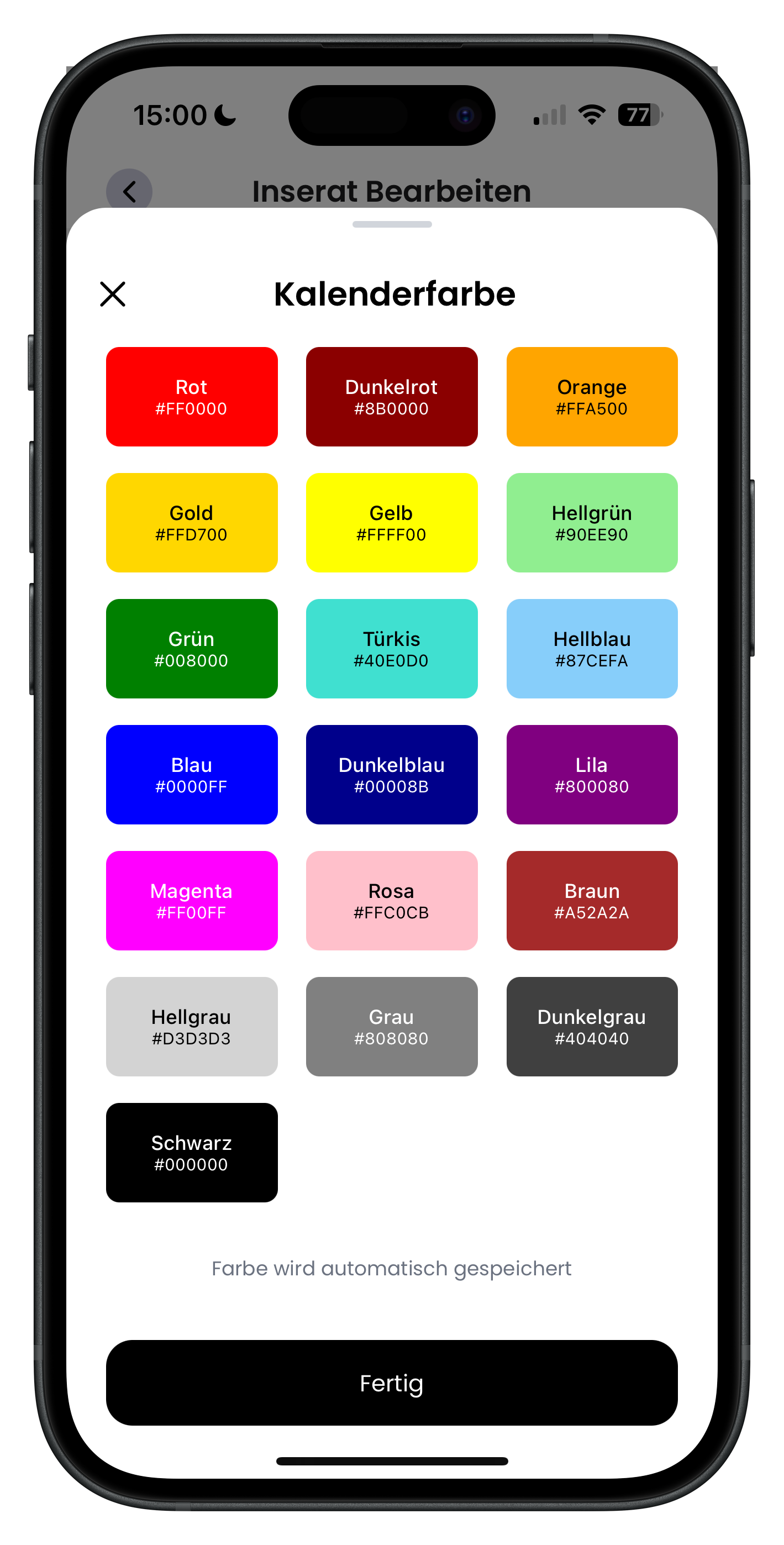 Fenster Kalenderfarbe mit einer Farbpalette aus Rot, Orange, Grün, Blau, Lila und weiteren Farben samt Farbcodes
