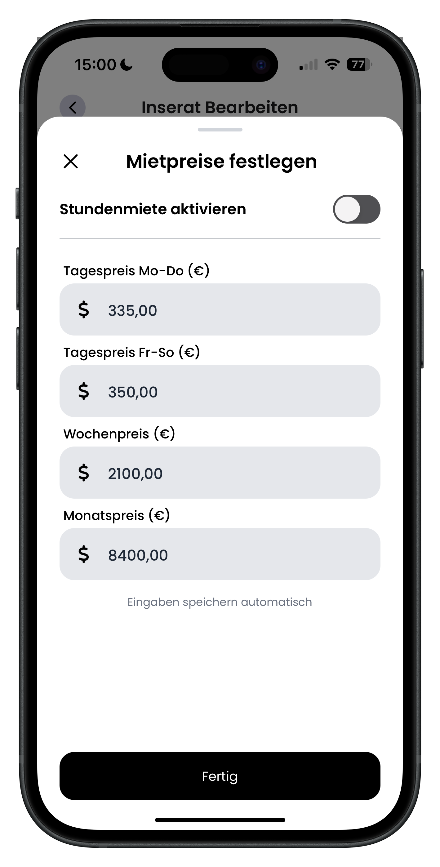 Bearbeiten-Screen mit den Preisfeldern für unter der Woche, Wochenende und Monat