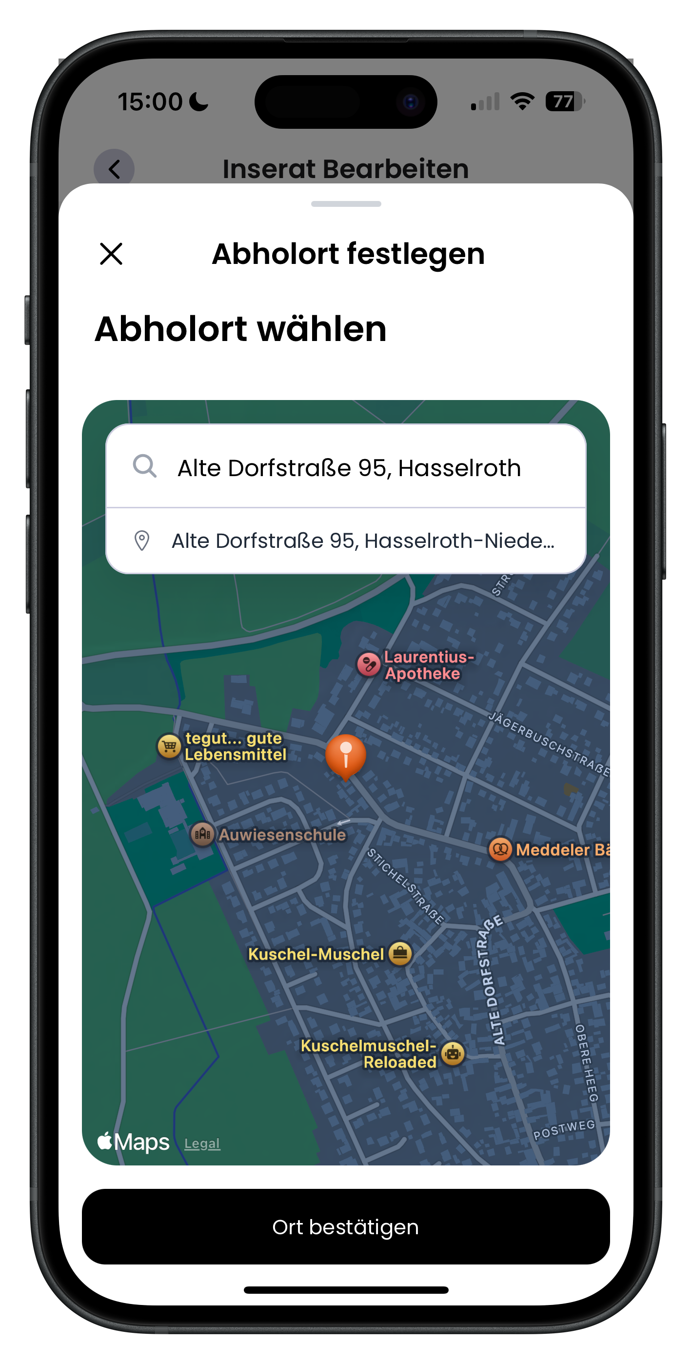Bearbeiten-Screen zum Ändern des Abholorts des Fahrzeugs mit Adressfeld