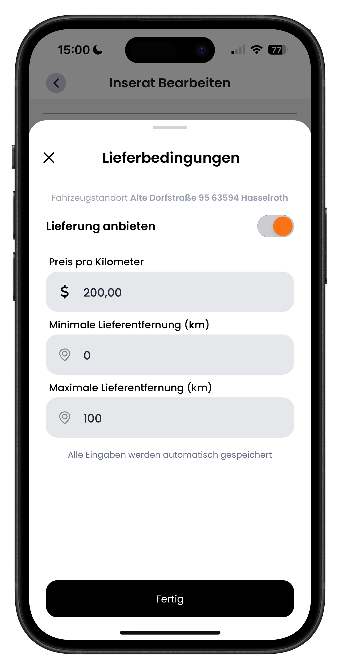 Bearbeiten-Screen mit den Lieferbedingungen, Lieferreichweite und Preis pro Kilometer