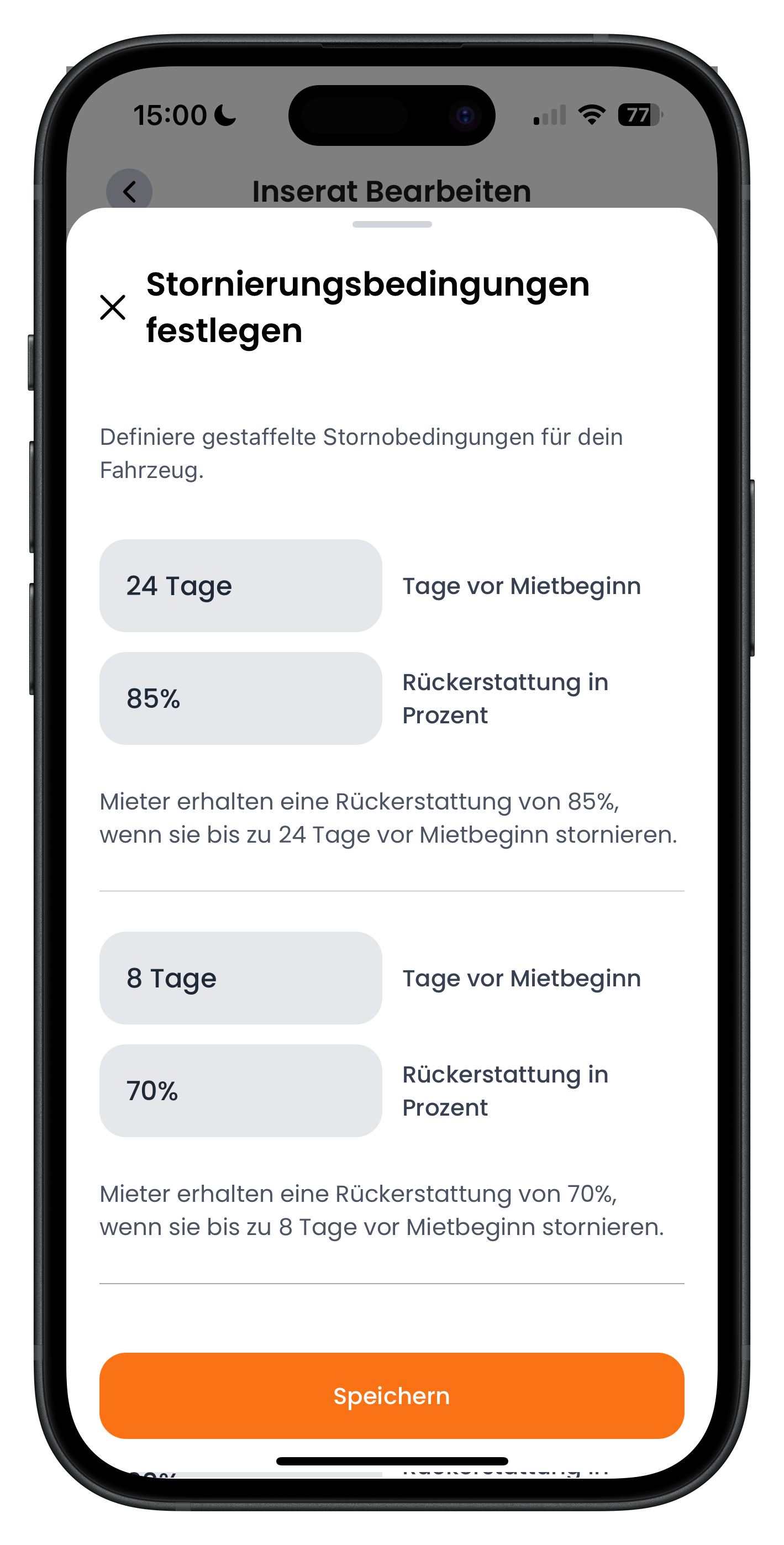 Bearbeiten-Screen mit den Stornierungsbedingungen, Zeiträumen vor der Miete und Prozentsätzen für den Vermieter