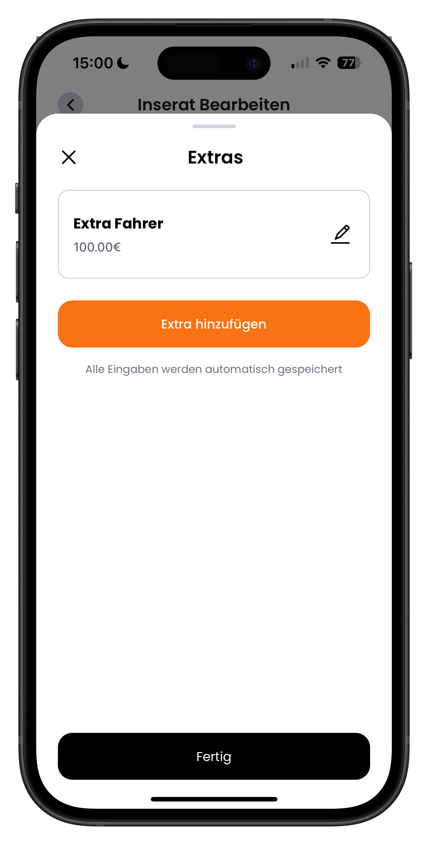 Bearbeiten-Screen mit zusätzlichen Extras und Upsells wie Getränke, Reinigung, Zusatzfahrer und Handyhalterung