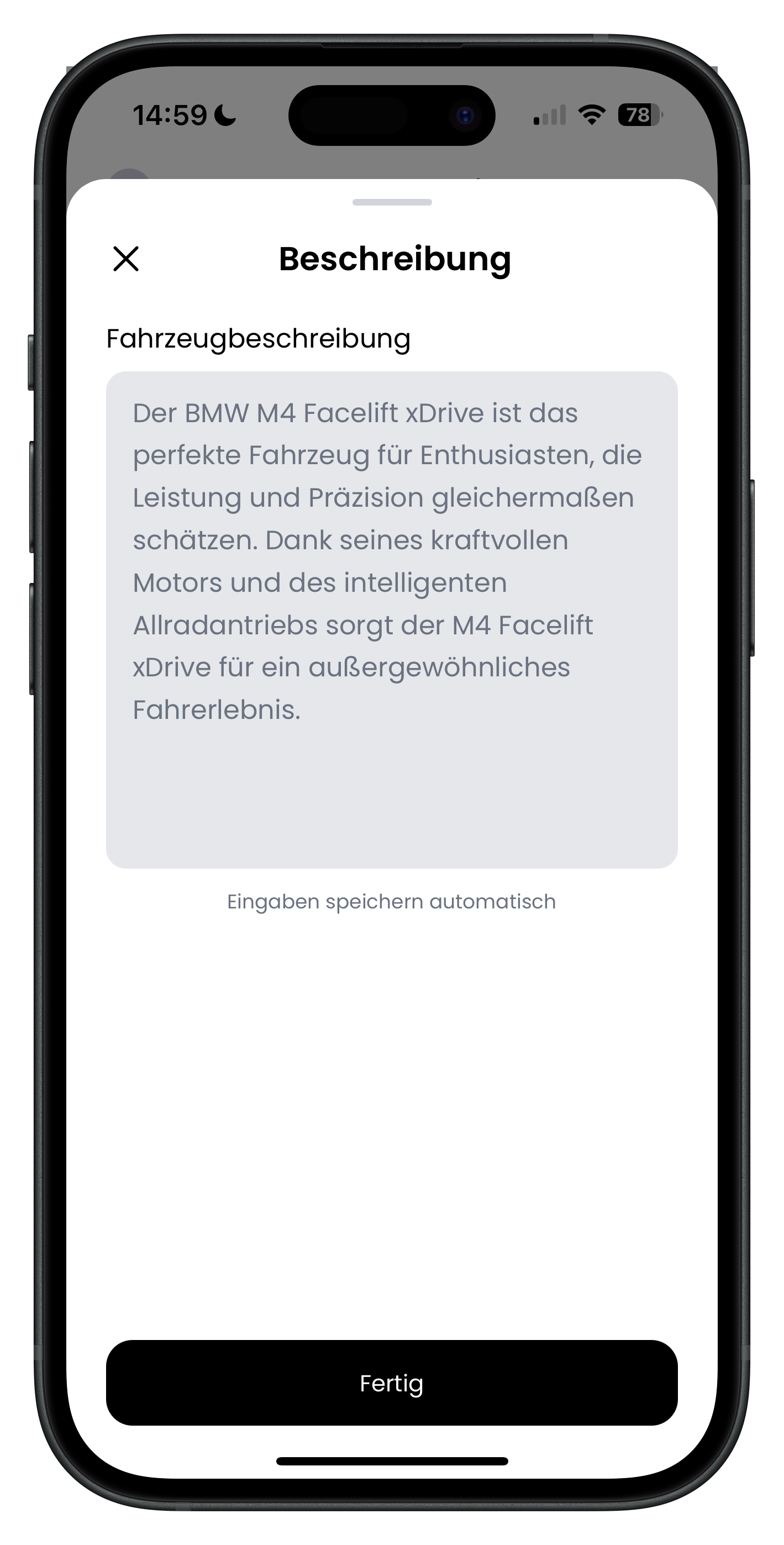 Fenster Beschreibung mit Textfeld Fahrzeugbeschreibung und dem Hinweis Eingaben speichern automatisch sowie dem schwarzen Fertig-Button