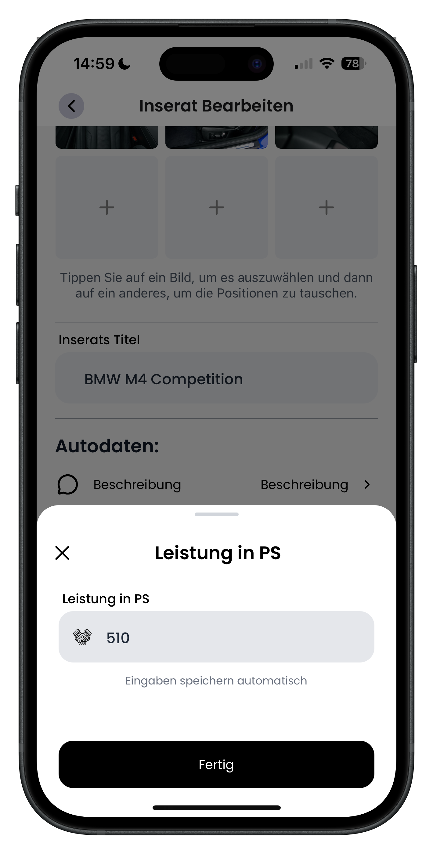 Eingabefeld Leistung in PS mit dem Wert 510 im Bearbeiten-Screen