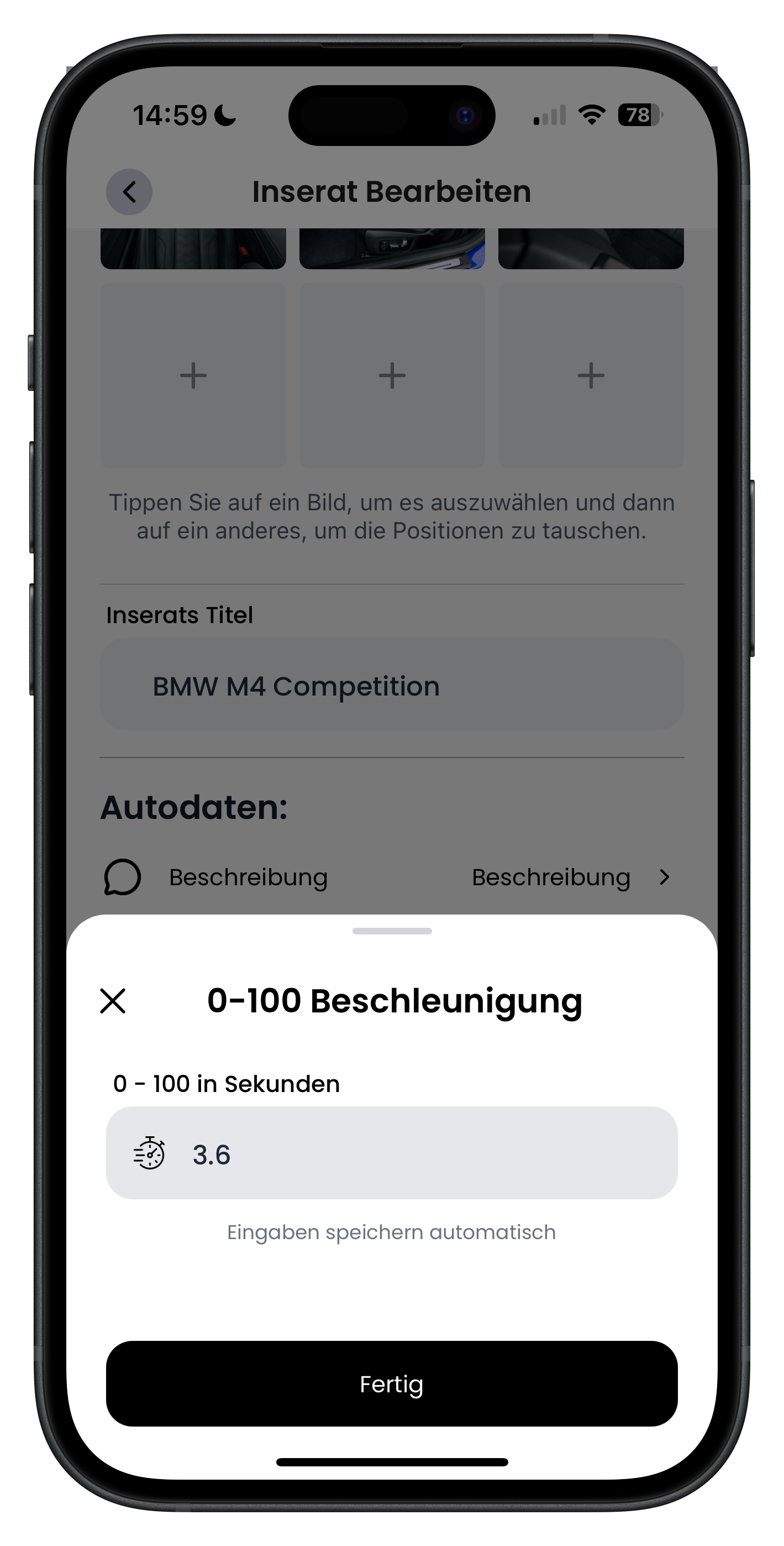 Eingabefeld 0-100 Beschleunigung mit dem Wert 3.6 Sekunden