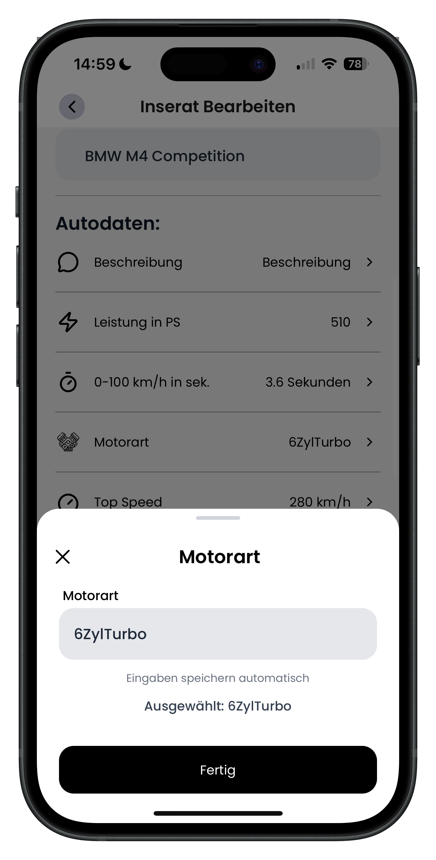 Fenster Motorart mit der Auswahl 6ZylTurbo und der Bestätigung Ausgewählt 6ZylTurbo