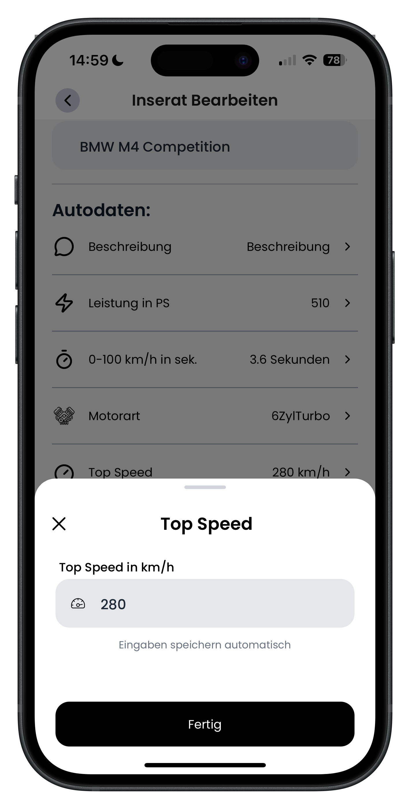 Eingabefeld Top Speed in km/h mit dem Wert 280
