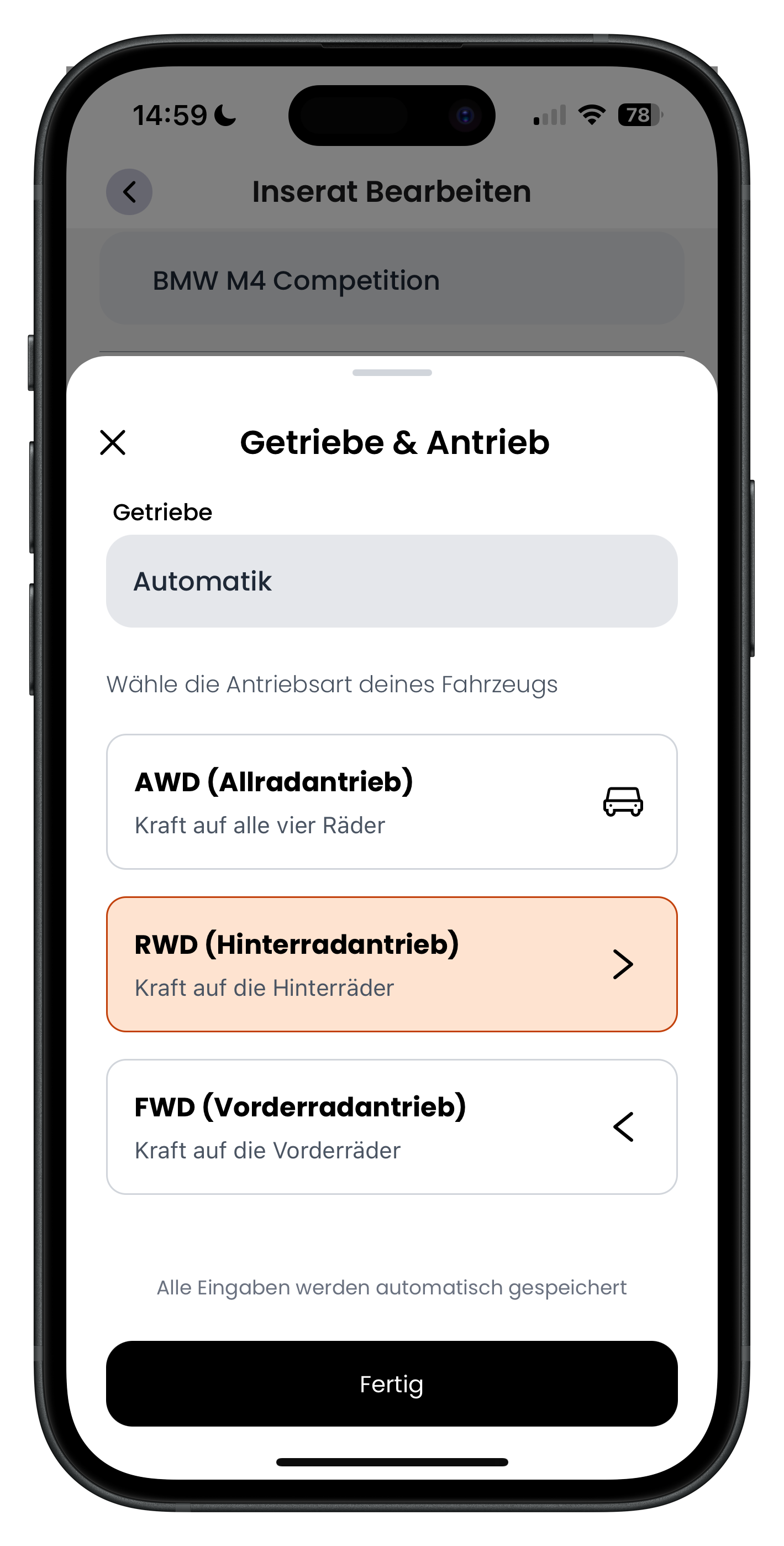 Fenster Getriebe und Antrieb mit Getriebe-Auswahl Automatik und den Antriebsarten AWD, RWD orange markiert und FWD