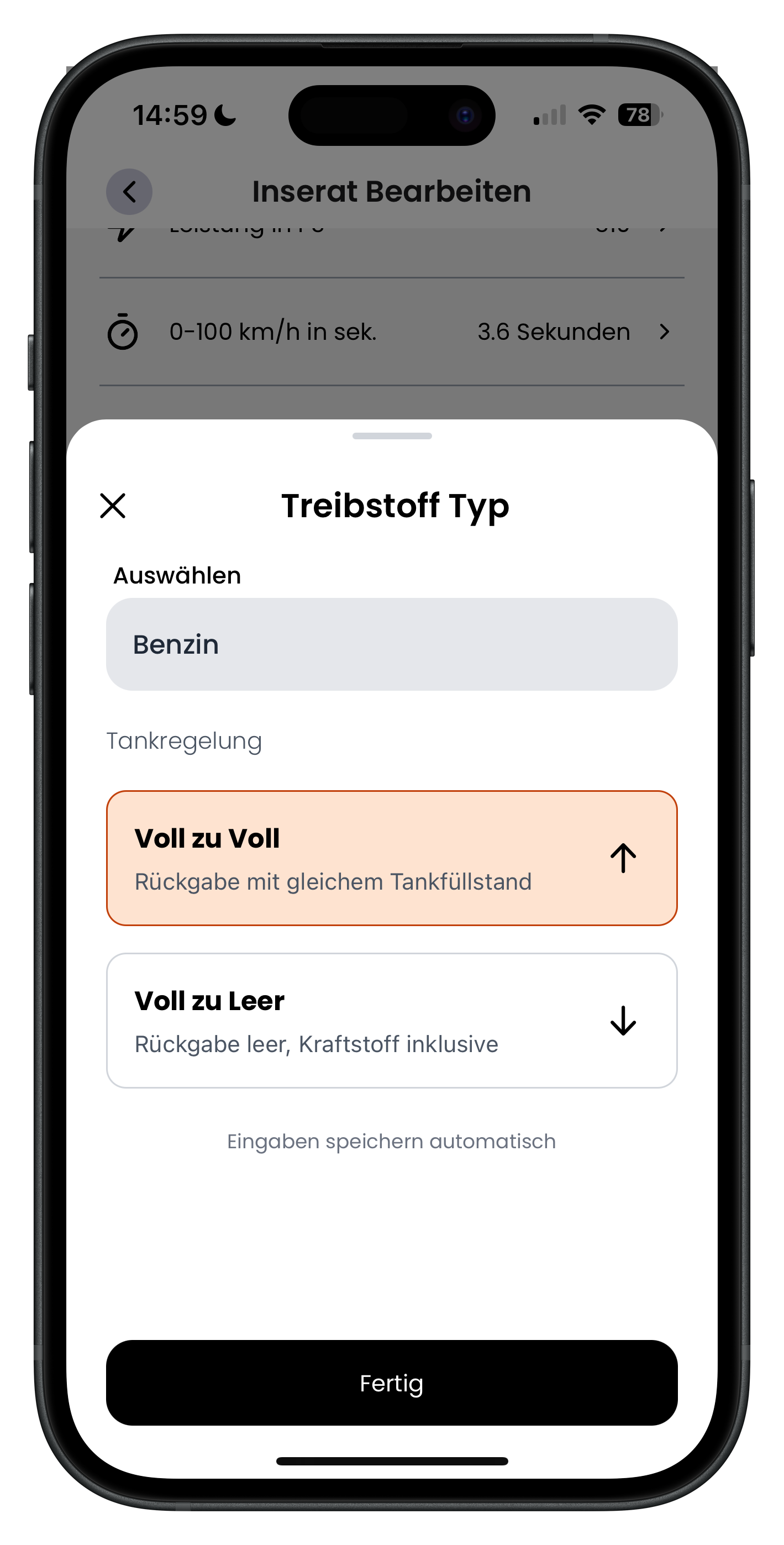 Fenster Treibstoff Typ mit Auswahl Benzin und Tankregelung Voll zu Voll orange markiert sowie Voll zu Leer