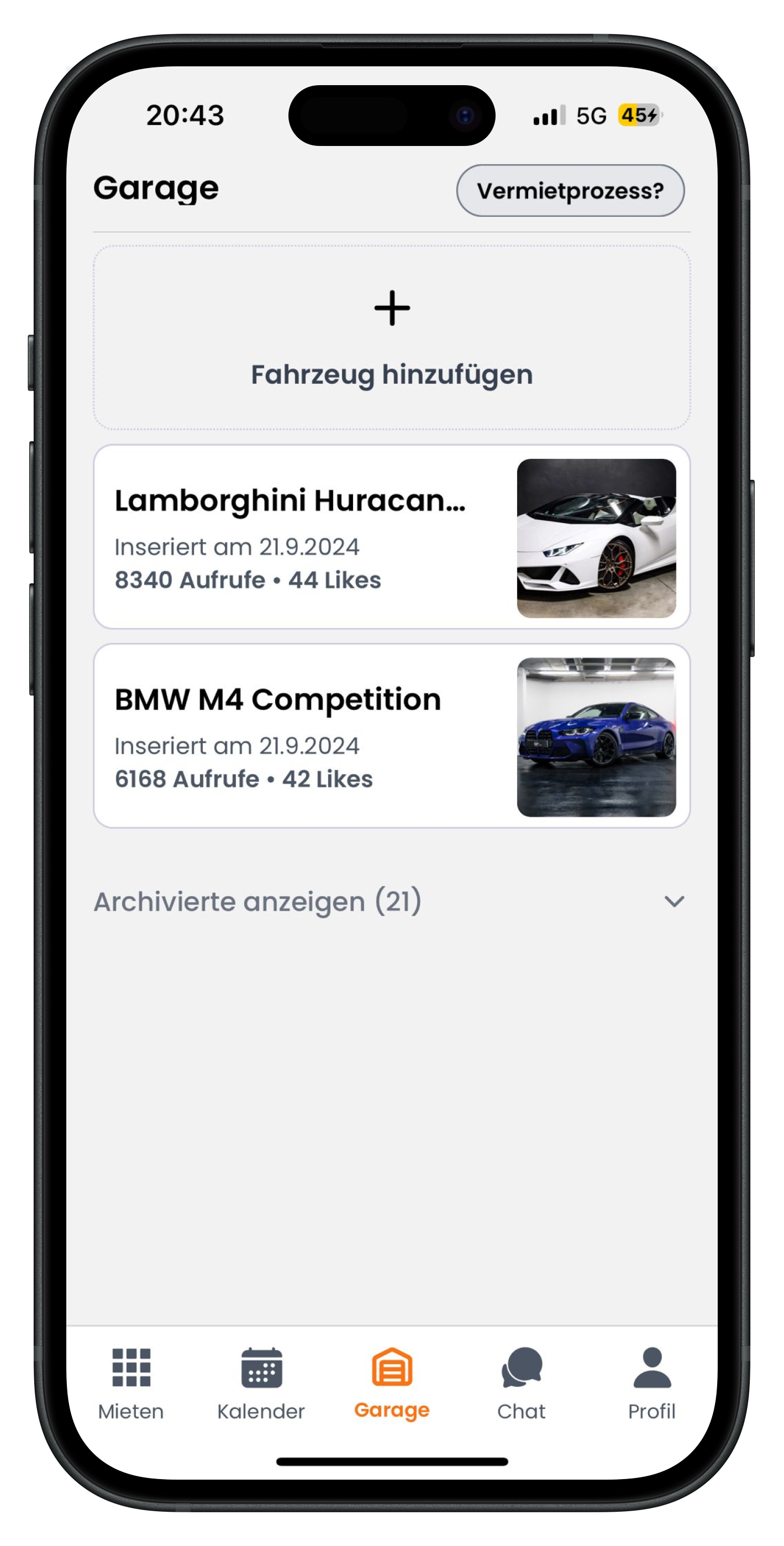 Drivable Garage mit Button Fahrzeug hinzufügen und Liste der inserierten Fahrzeuge