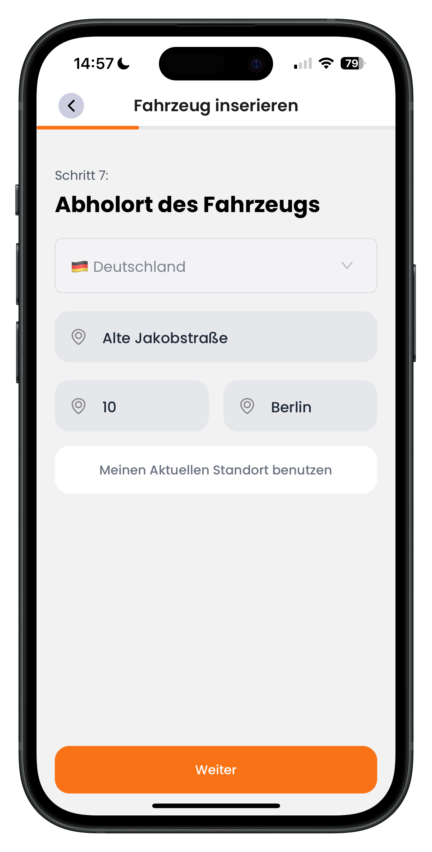 Eingabe des Abholorts mit Adressfeldern und Button Meinen Aktuellen Standort benutzen