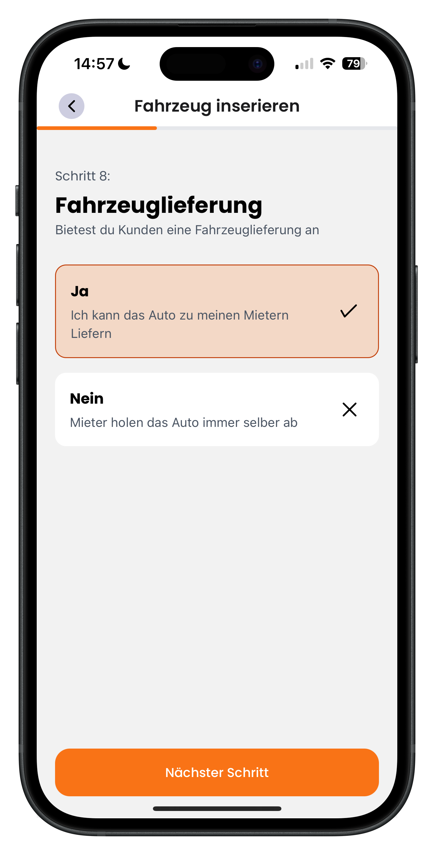 Auswahl ob eine Fahrzeuglieferung angeboten wird mit Ja und Nein