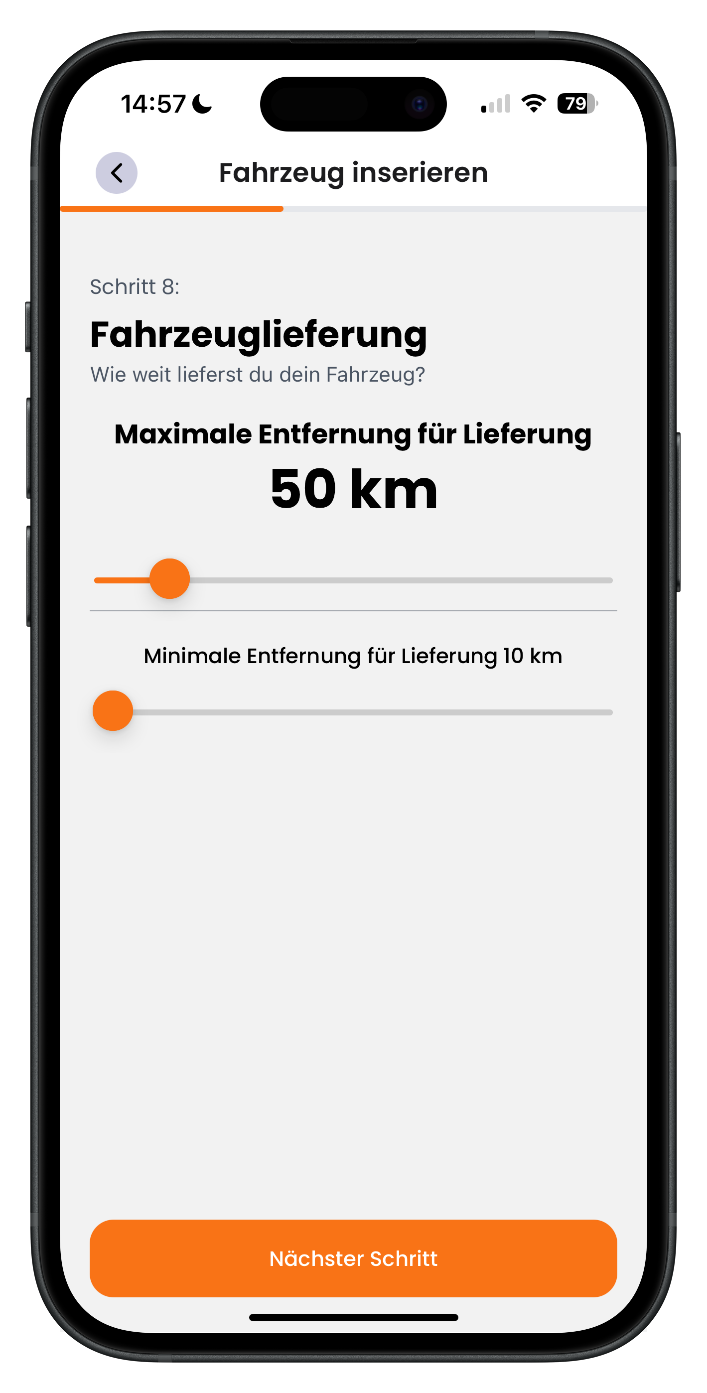 Schieberegler für maximale und minimale Lieferentfernung