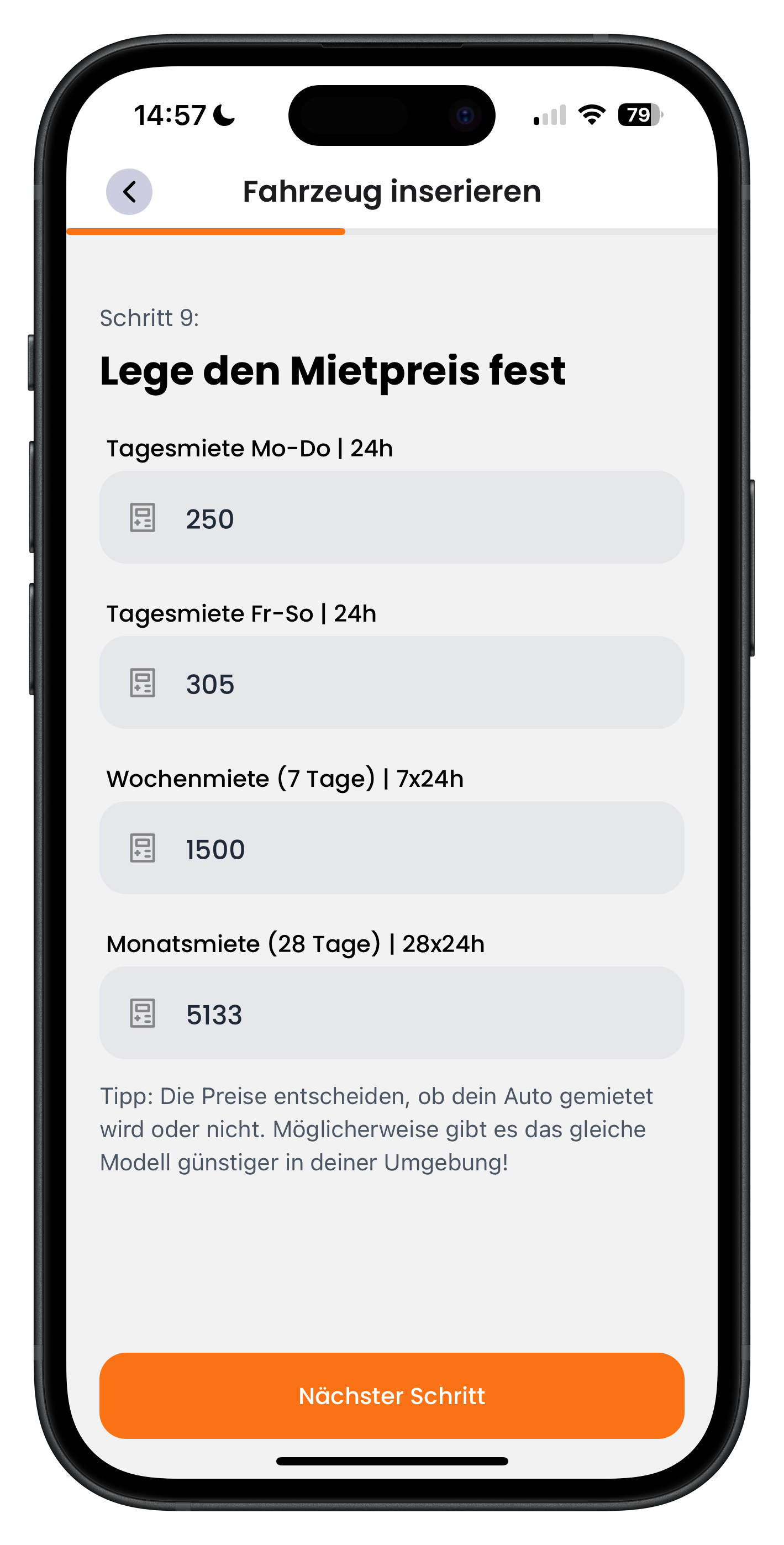 Eingabe der Mietpreise für Tagesmiete, Wochenende, Wochenmiete und Monatsmiete