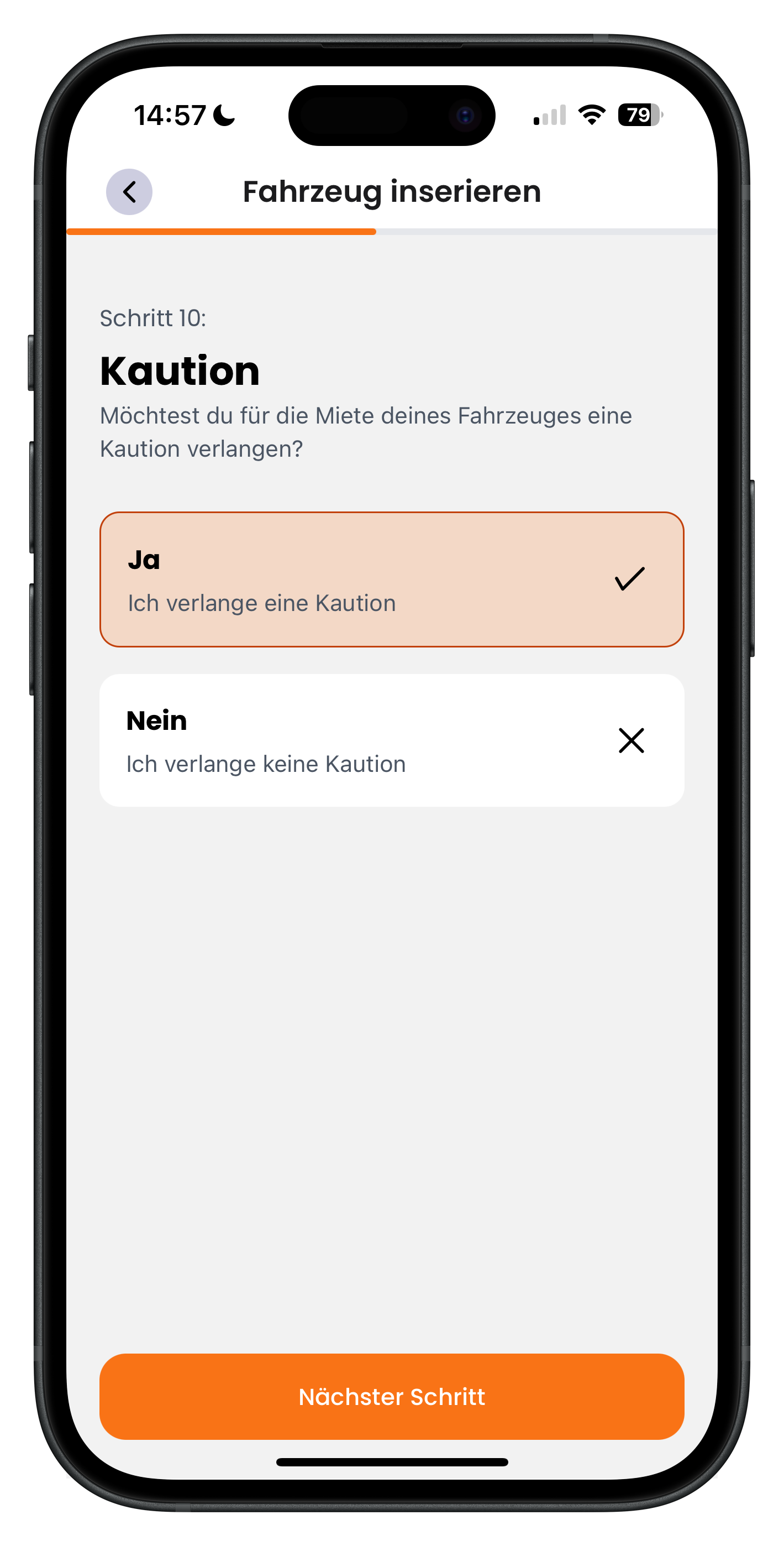 Auswahl ob eine Kaution verlangt wird mit Ja und Nein