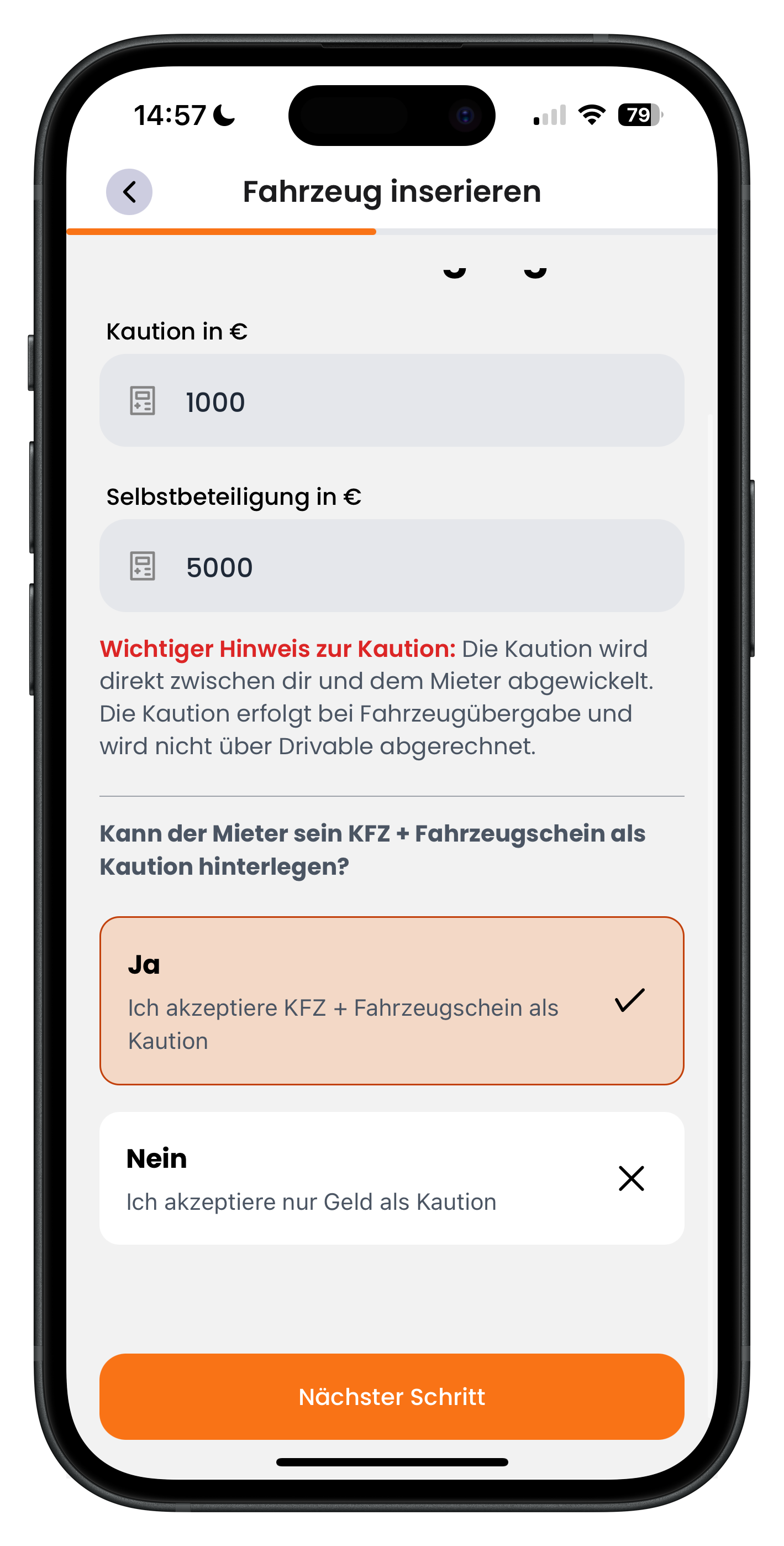 Eingabe von Kautionshöhe, Selbstbeteiligung und Auswahl ob KFZ als Kaution akzeptiert wird
