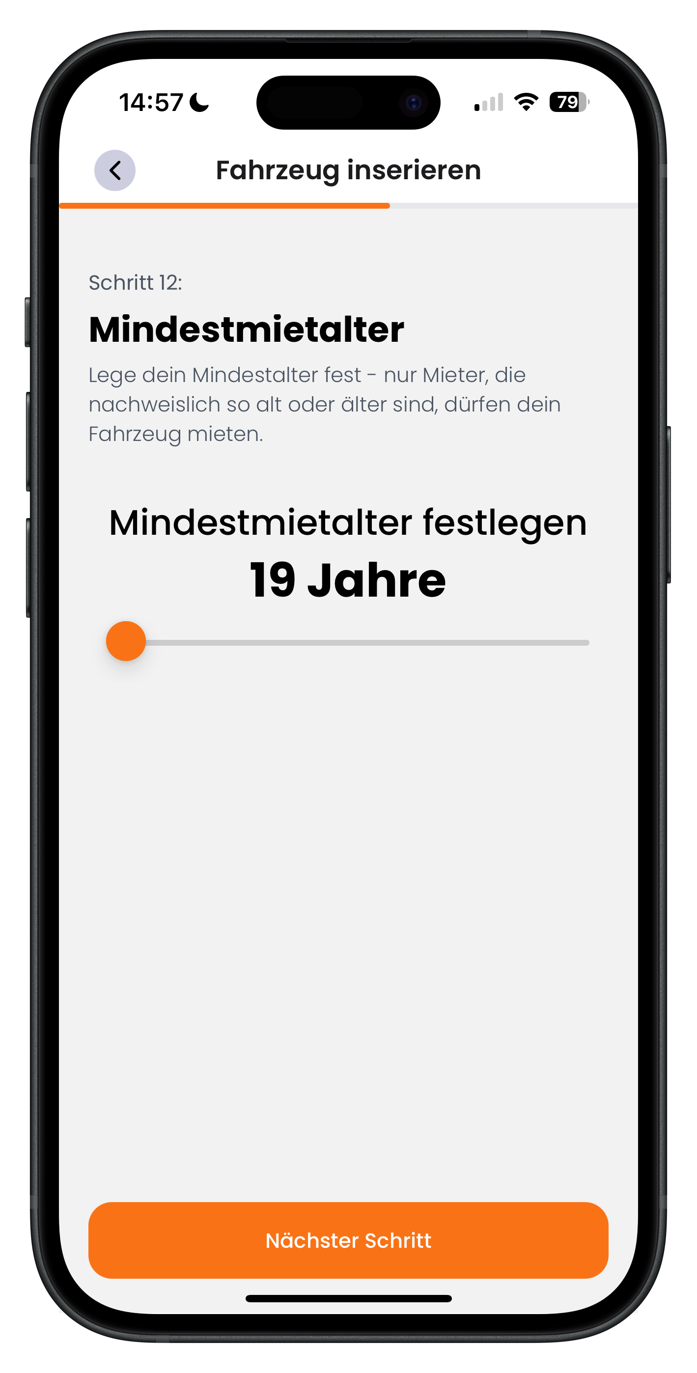 Schieberegler zum Festlegen des Mindestmietalters auf 19 Jahre