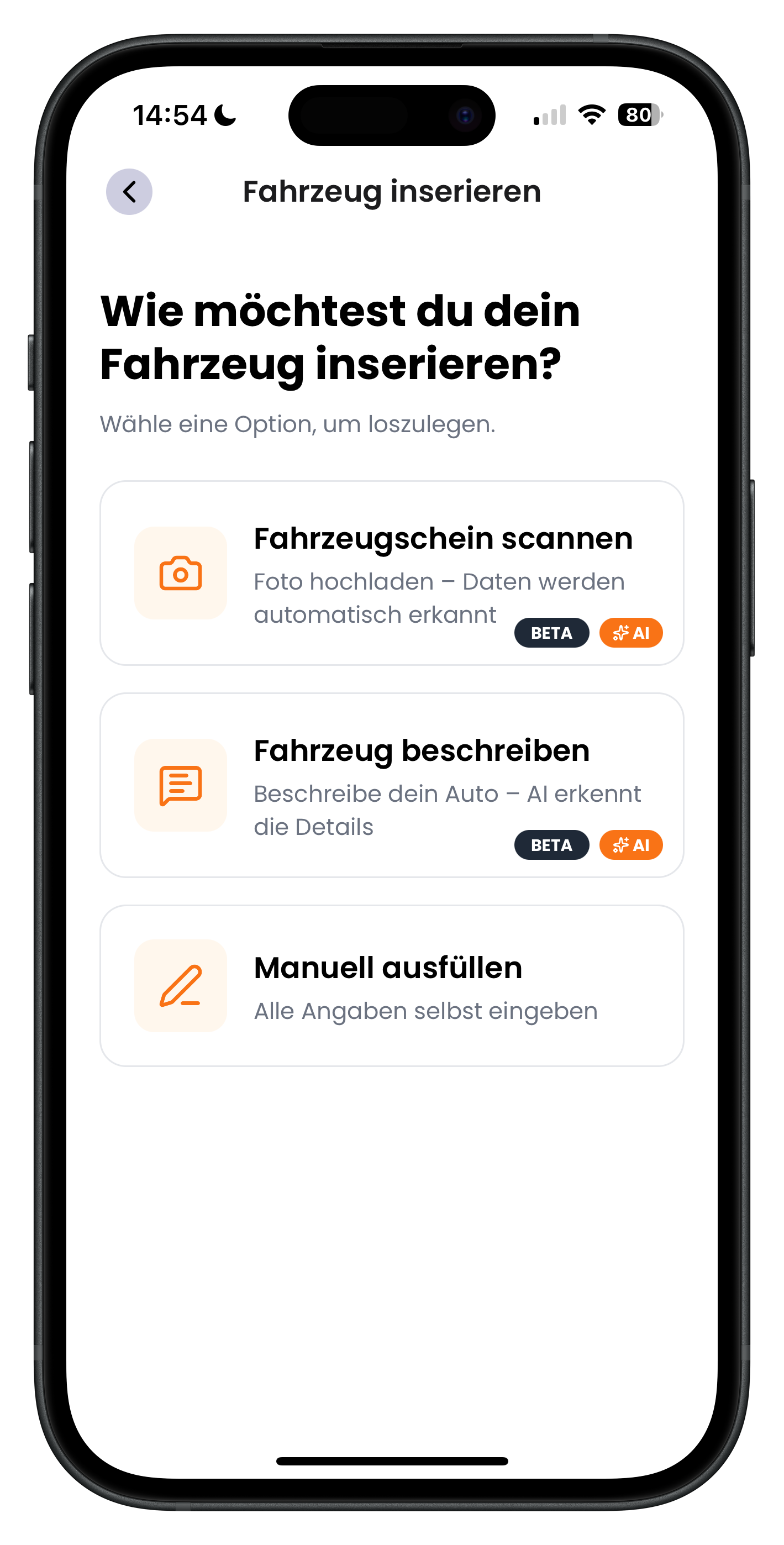 Auswahl der Inserierungsart mit Optionen Fahrzeugschein scannen, Fahrzeug beschreiben und Manuell ausfüllen