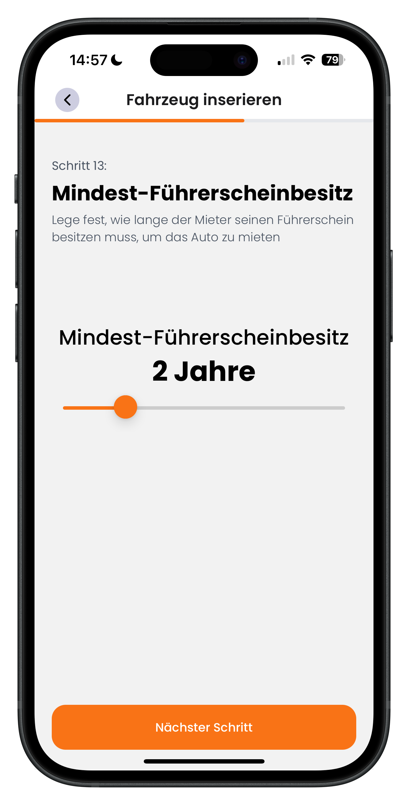 Schieberegler zum Festlegen des Mindest-Führerscheinbesitzes auf 2 Jahre