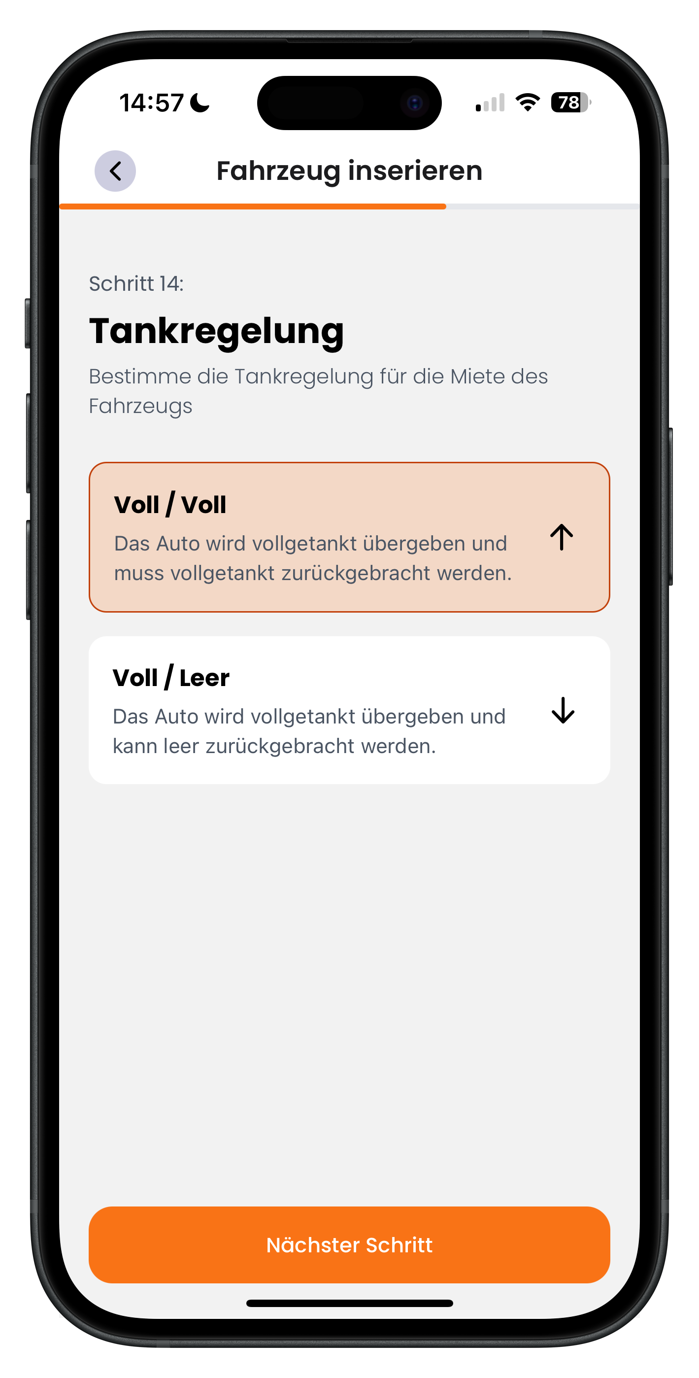 Auswahl der Tankregelung zwischen Voll Voll und Voll Leer