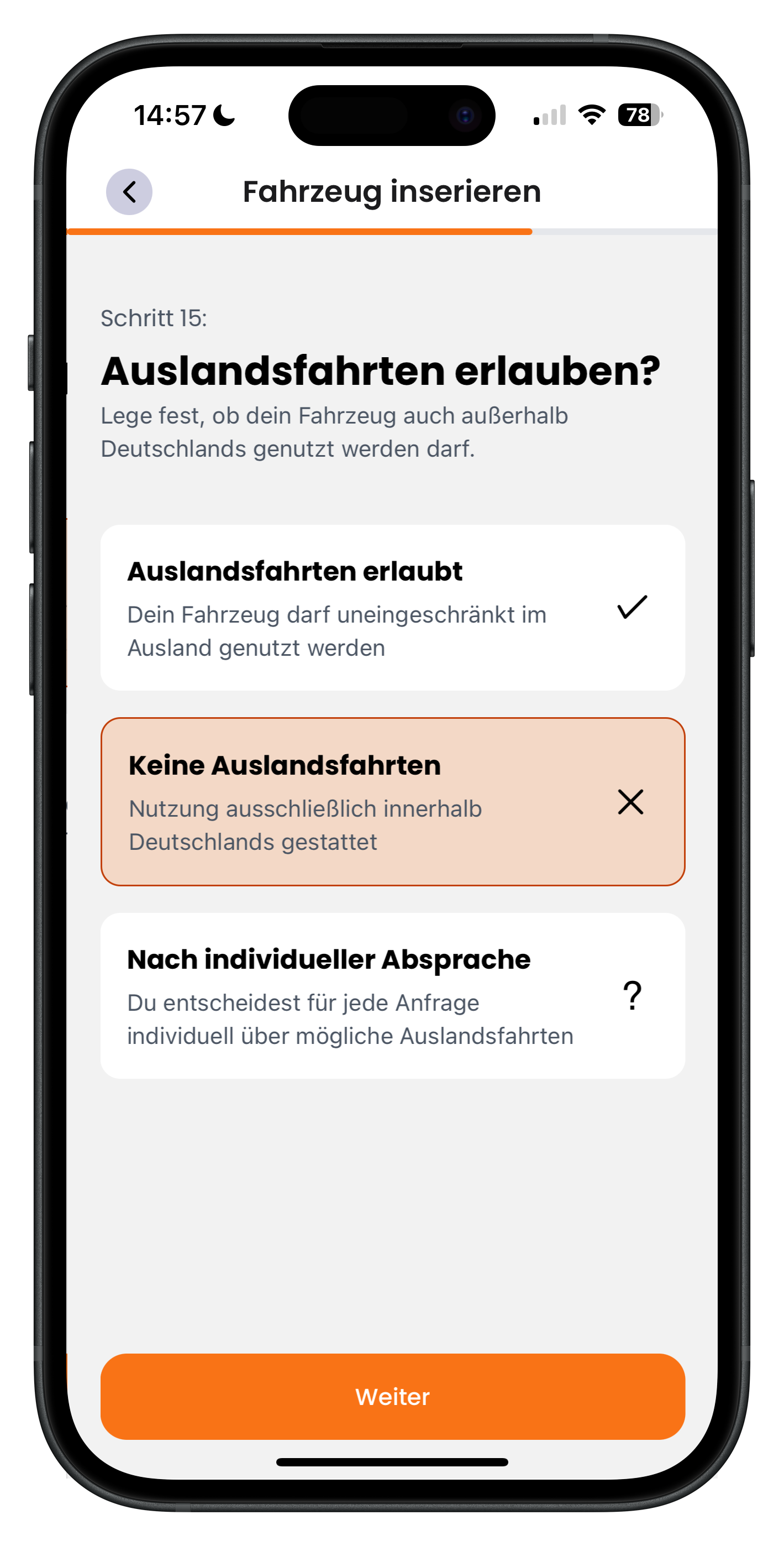 Auswahl der Auslandsfahrten-Regelung mit drei Optionen