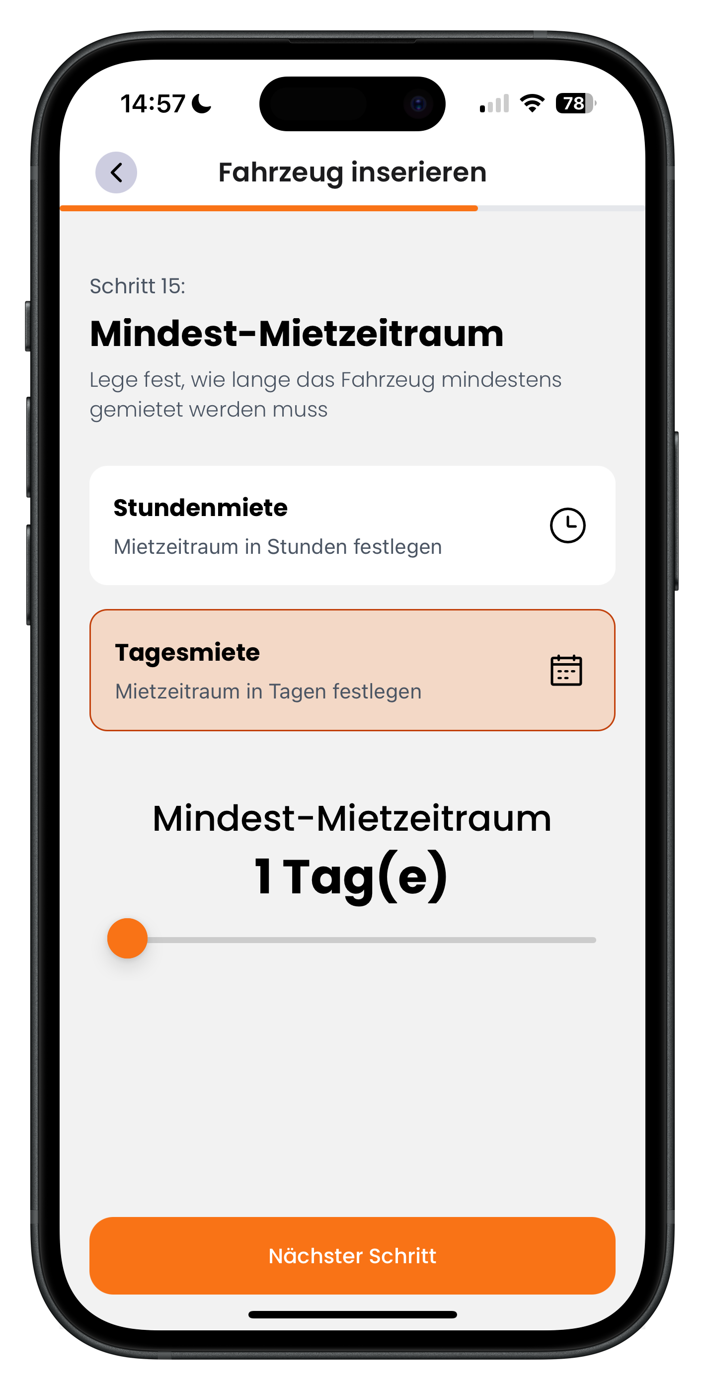Festlegen des Mindest-Mietzeitraums über Stunden- oder Tagesmiete mit Schieberegler