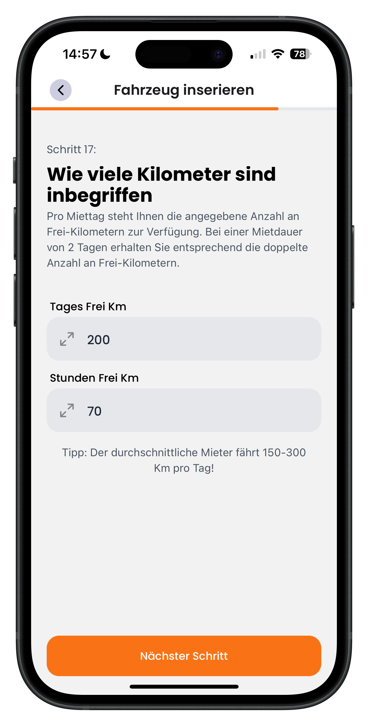 Eingabe der inkludierten Frei-Kilometer pro Tag und pro Stunde