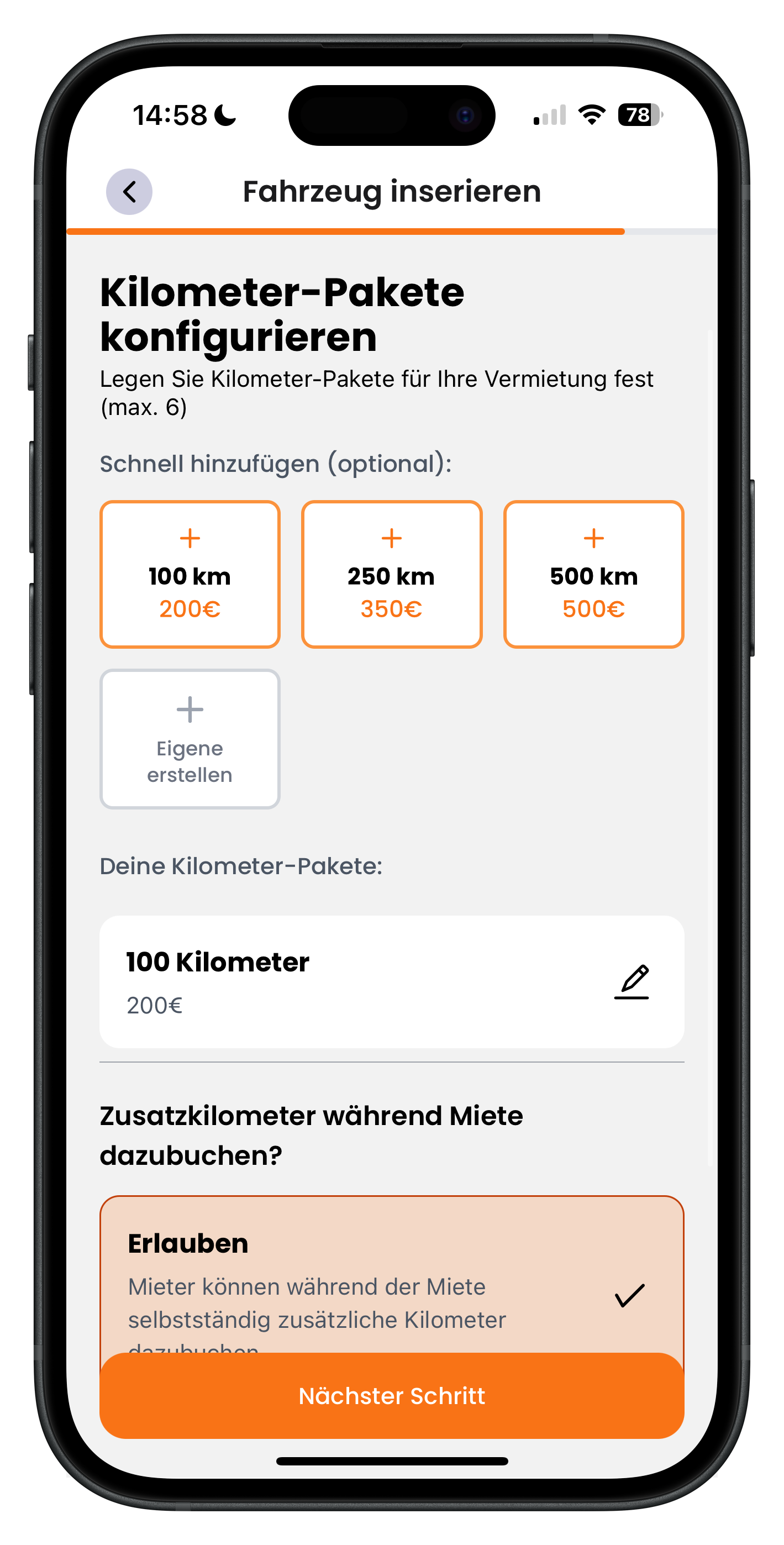 Konfiguration von Kilometer-Paketen mit Schnellvorschlägen und Option zum Dazubuchen