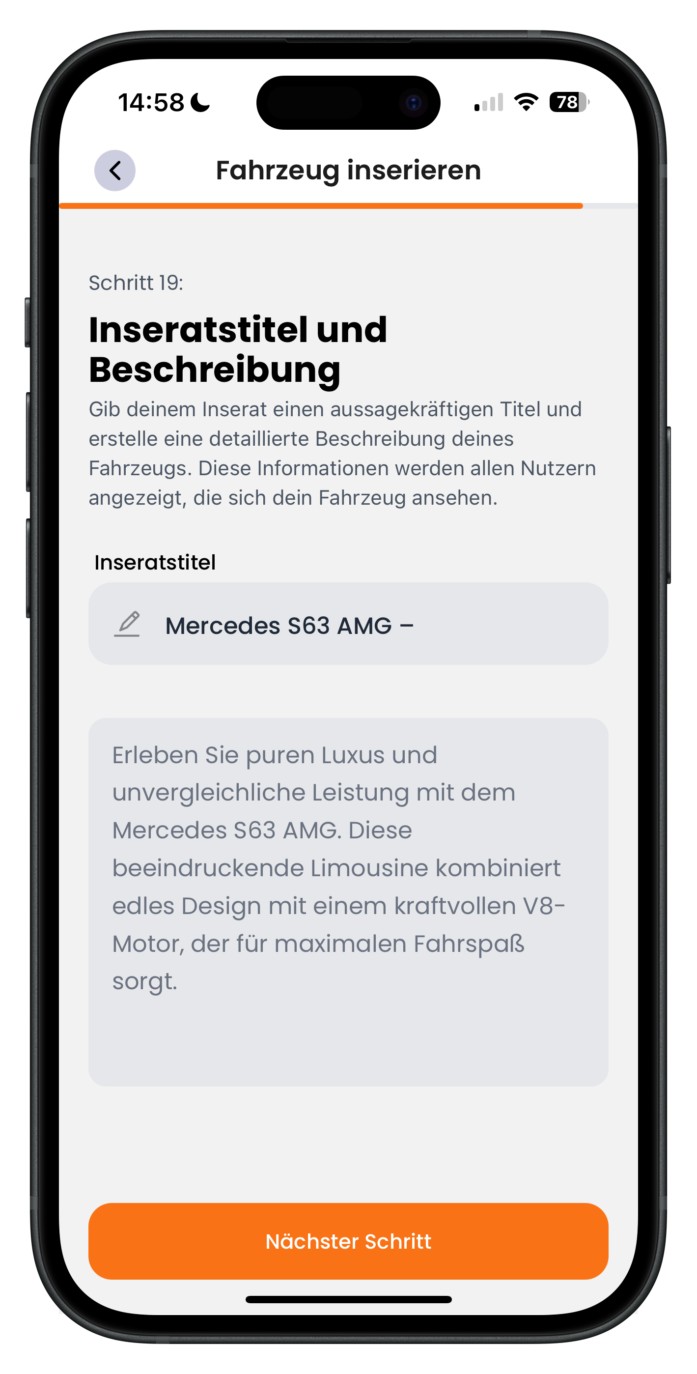 Eingabe von Inseratstitel und Fahrzeugbeschreibung